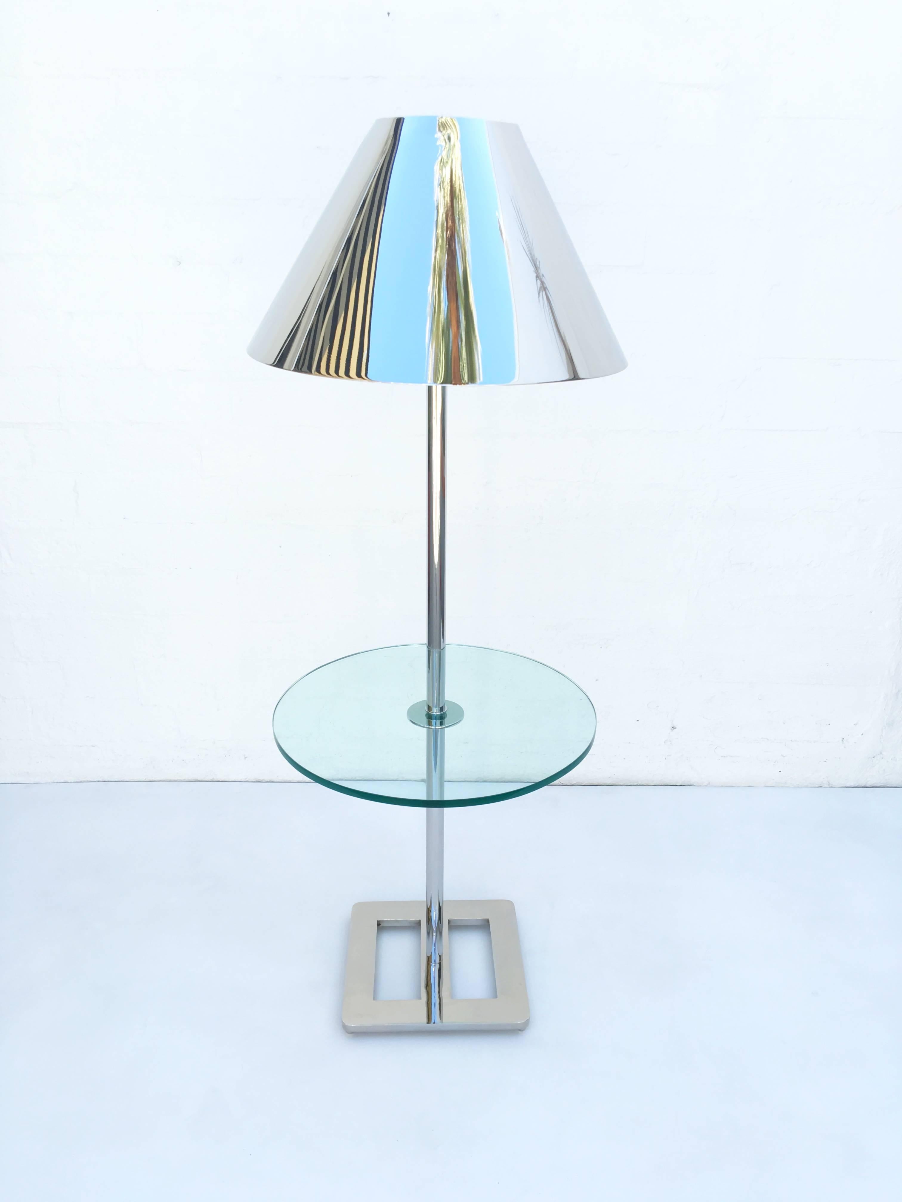 A custom polished nickel floor lamp with built in table combination designed by Charles Hollis Jones in 1970.
Table is 20