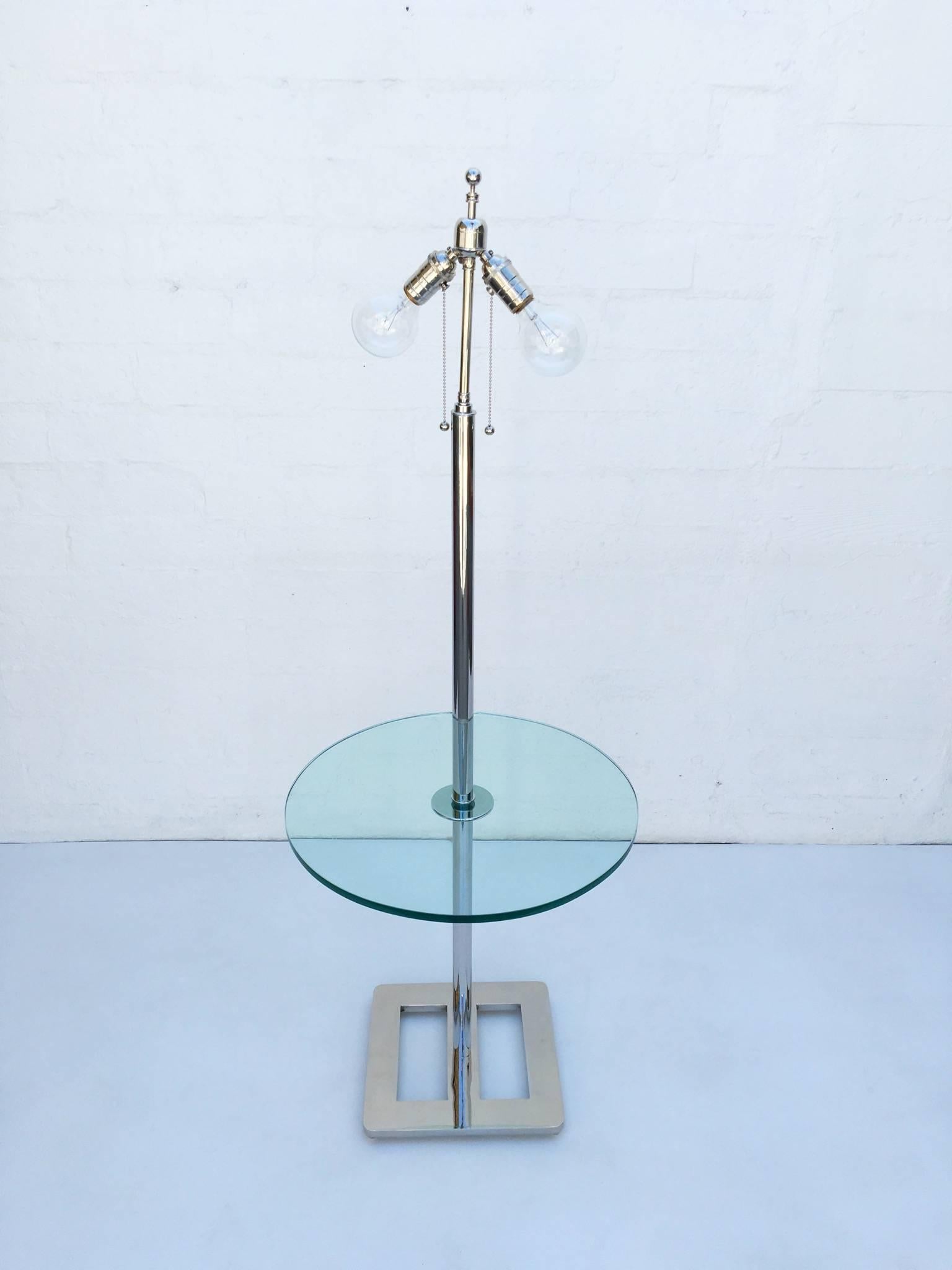 Late 20th Century Polished Nickel and Glass Floor Lamp with Table by Charles Hollis Jones For Sale