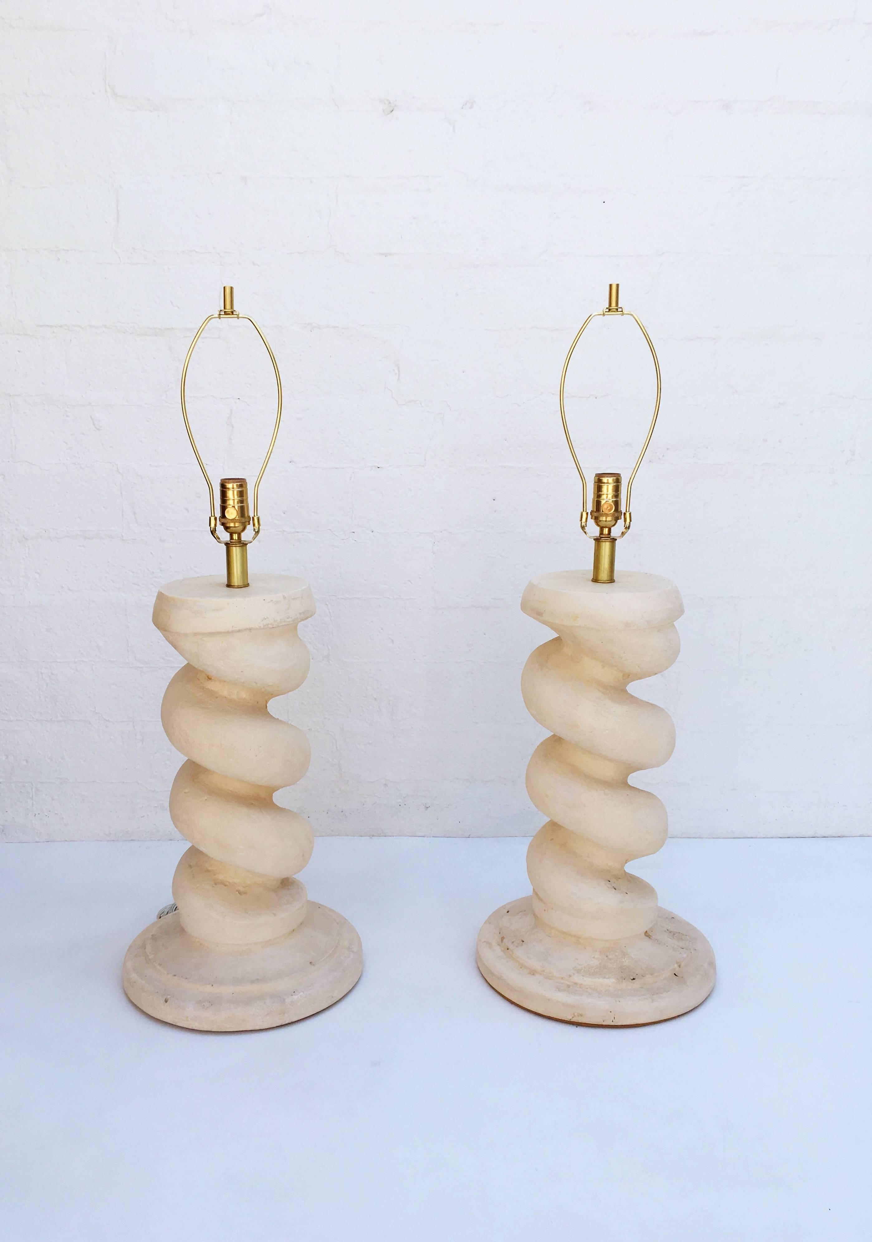 Modern Pair of Plaster Spiral Column Lamps by Michael Taylor