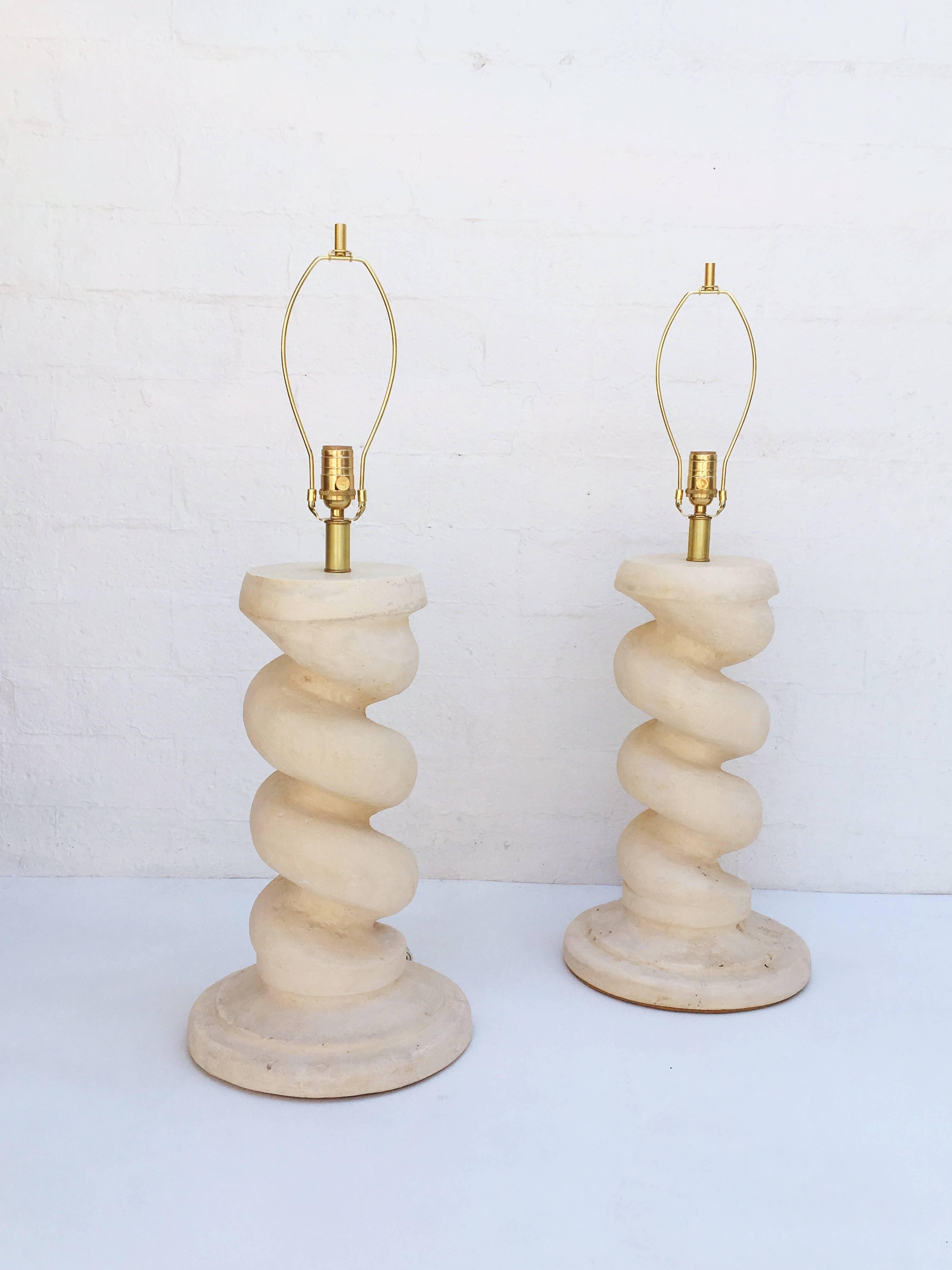 American Pair of Plaster Spiral Column Lamps by Michael Taylor