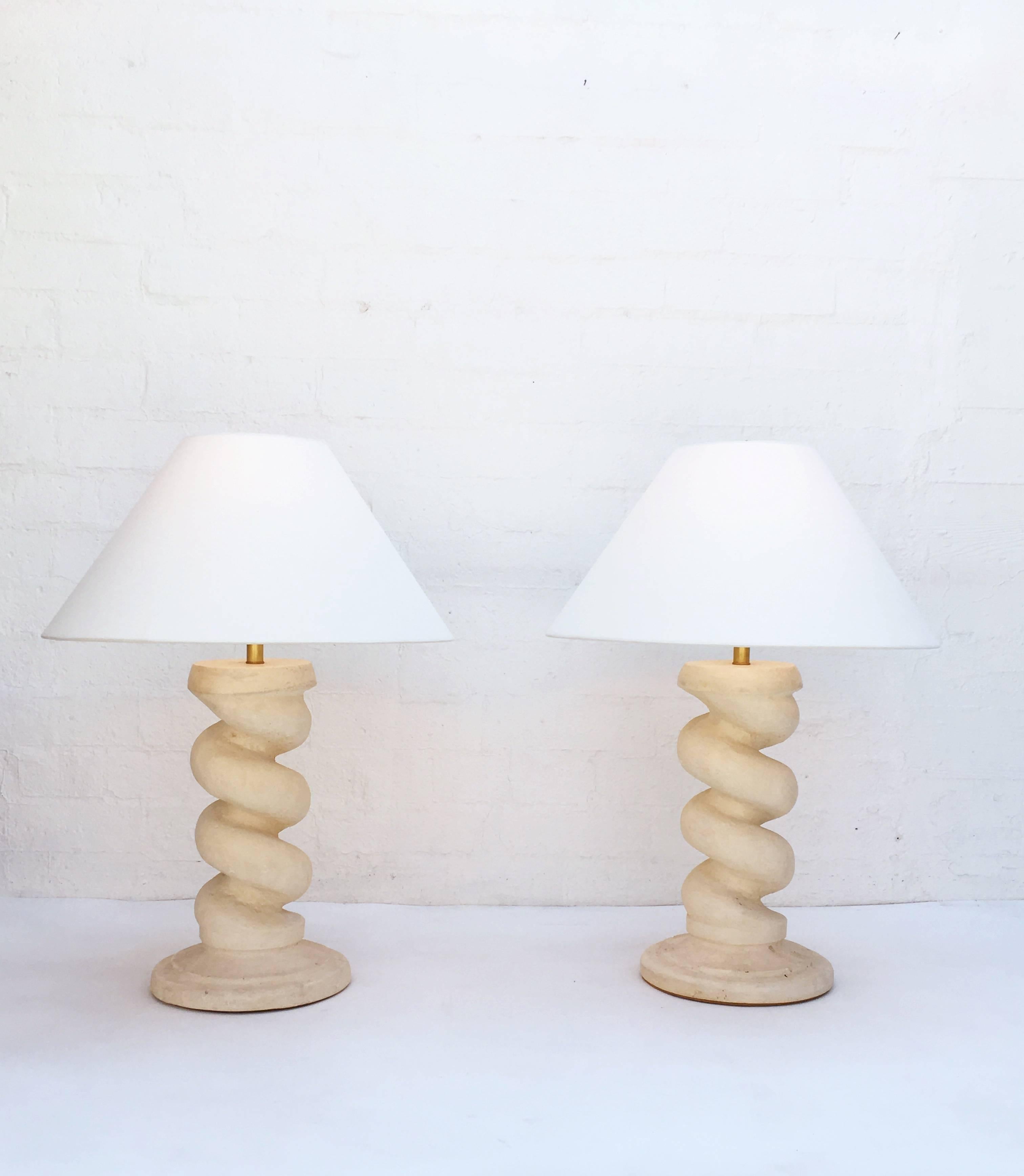 Pair of Plaster Spiral Column Lamps by Michael Taylor In Excellent Condition In Palm Springs, CA