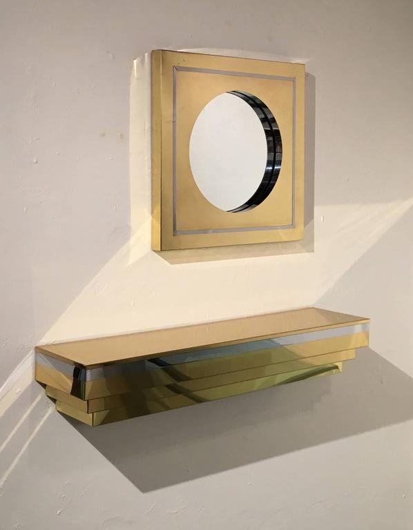 Modern Brass and Chrome Wall-Mounted Console and Mirror by Curtis Jere For Sale