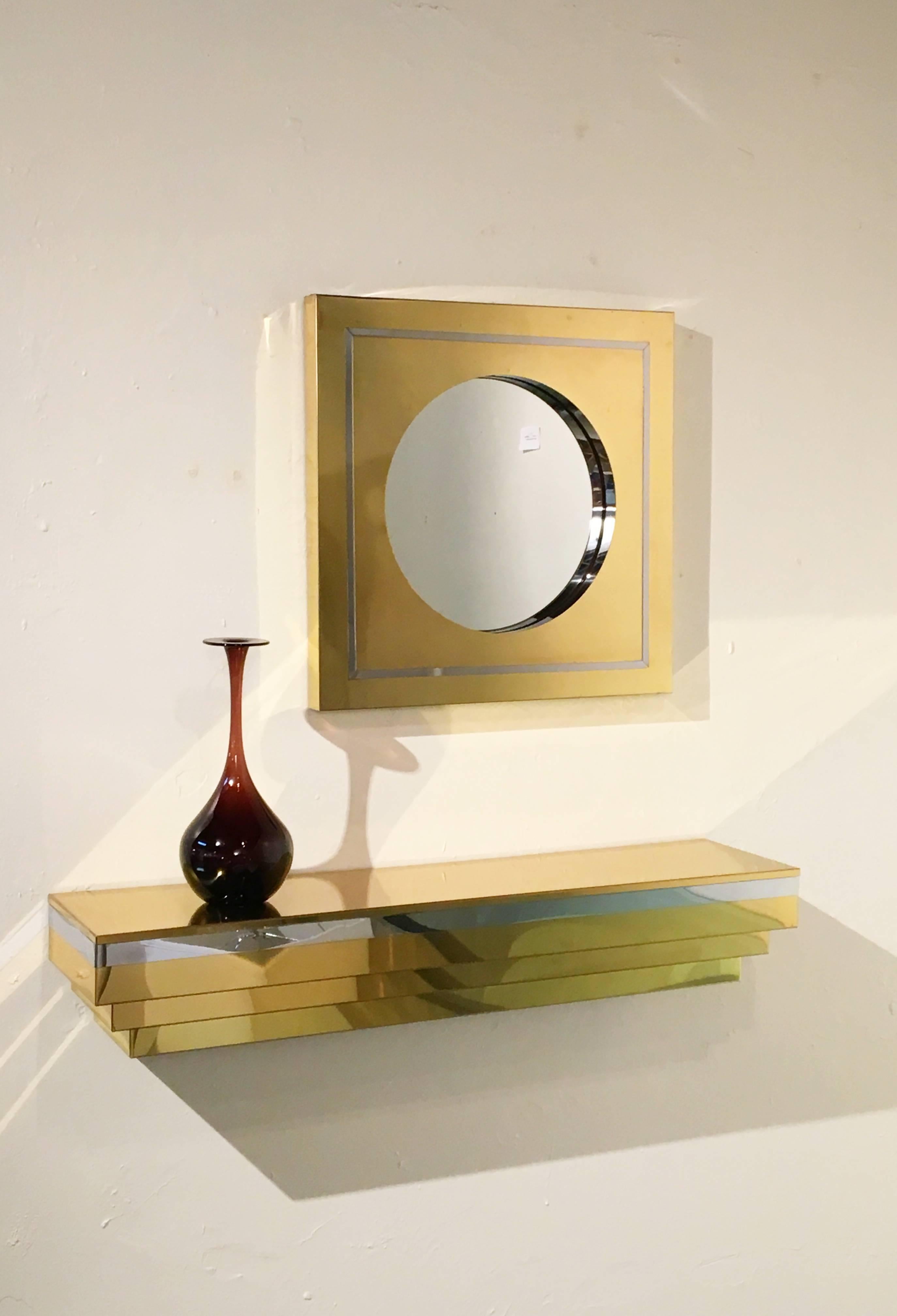 Brass and Chrome Wall-Mounted Console and Mirror by Curtis Jere In Excellent Condition For Sale In Palm Springs, CA