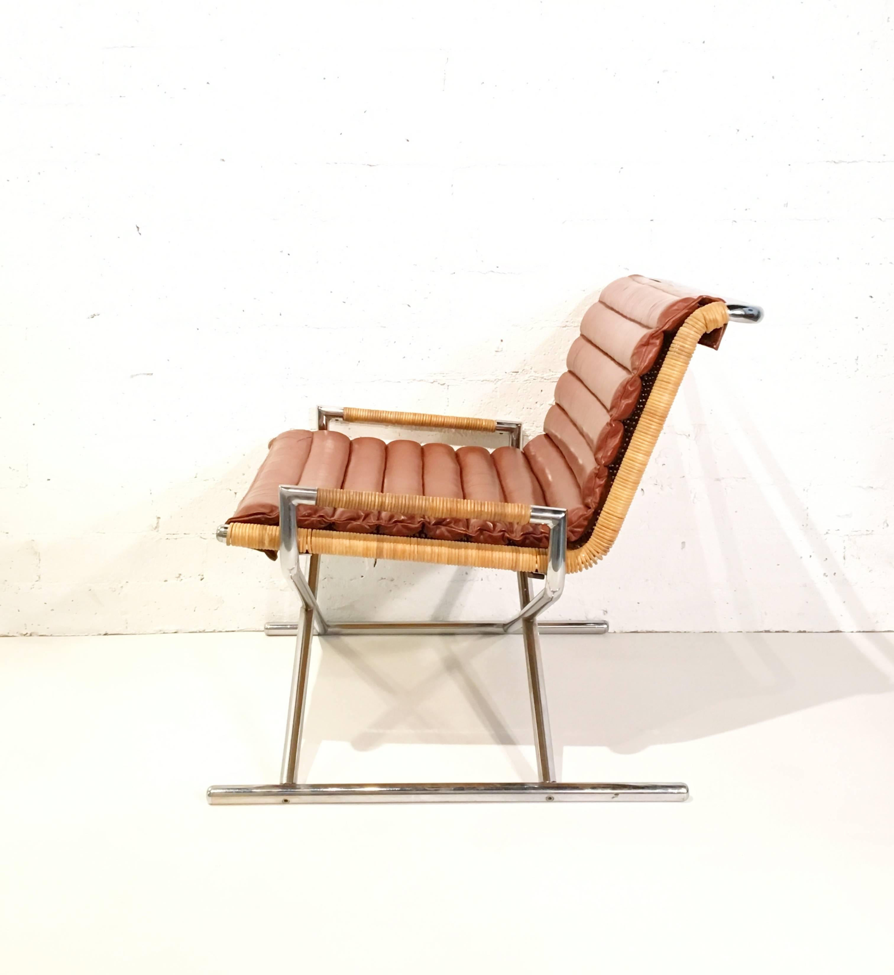 Mid-Century Modern Wicker and Chrome Sled Lounge Chair by Ward Bennett
