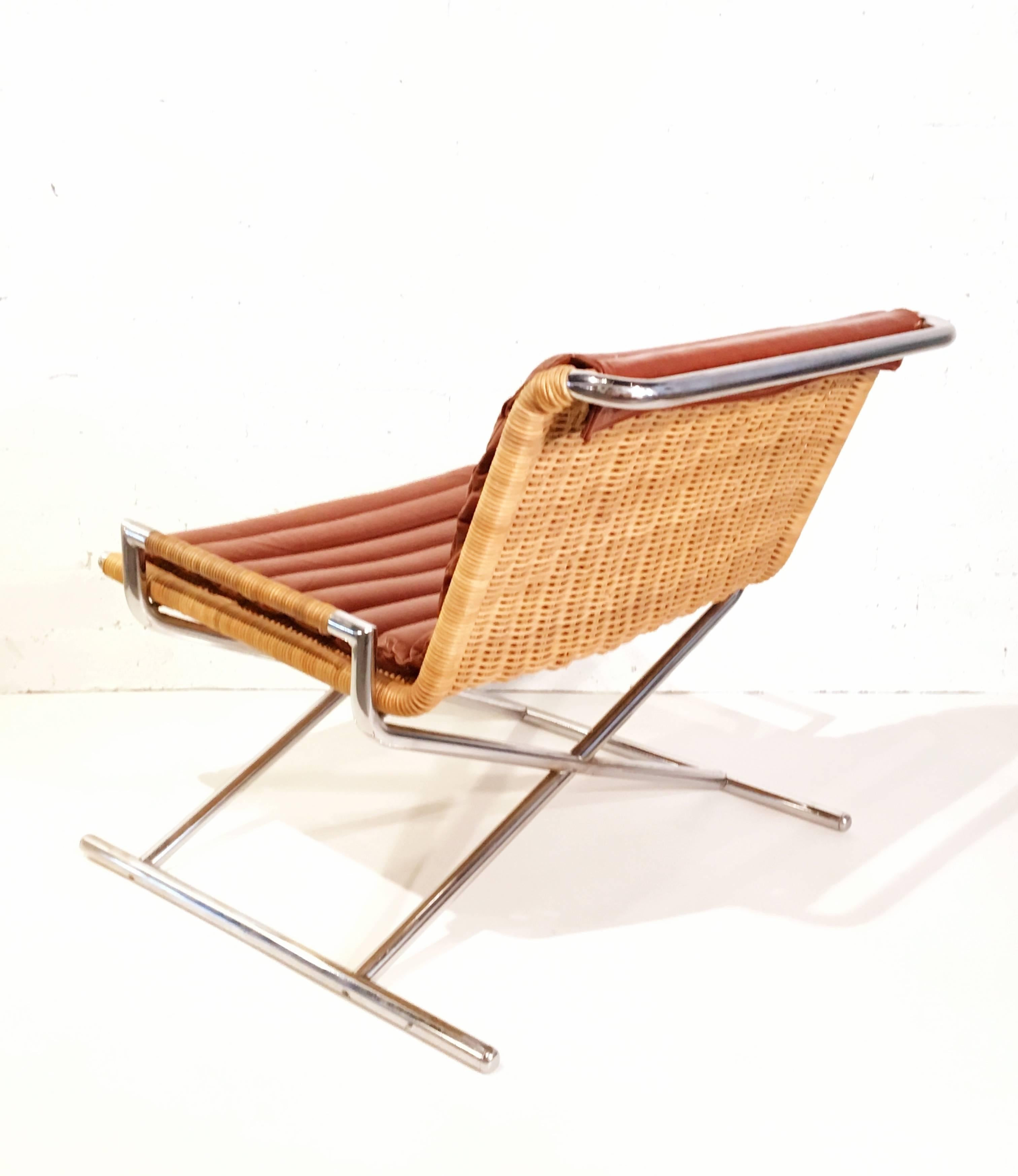 American Wicker and Chrome Sled Lounge Chair by Ward Bennett