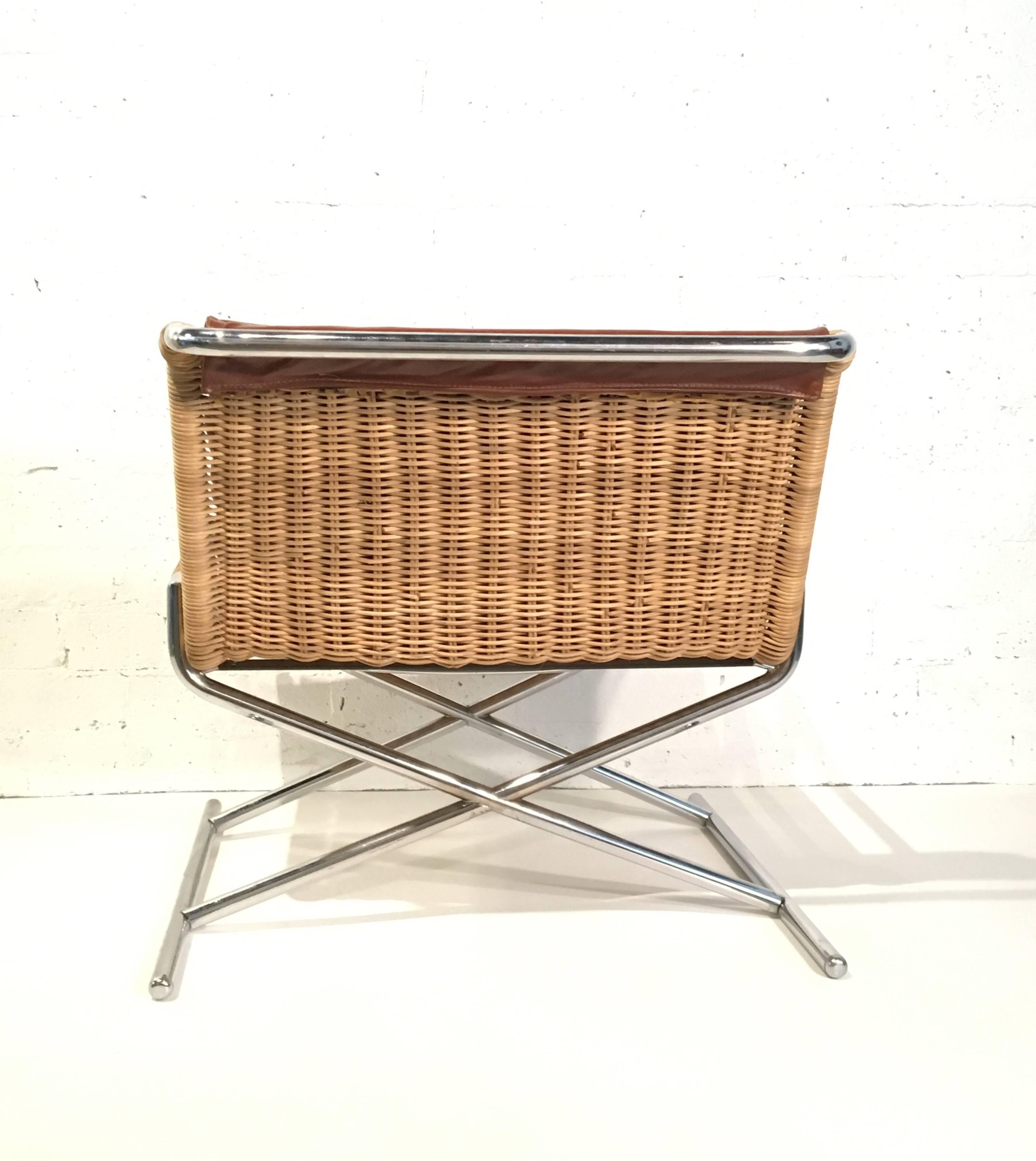 Polished Wicker and Chrome Sled Lounge Chair by Ward Bennett