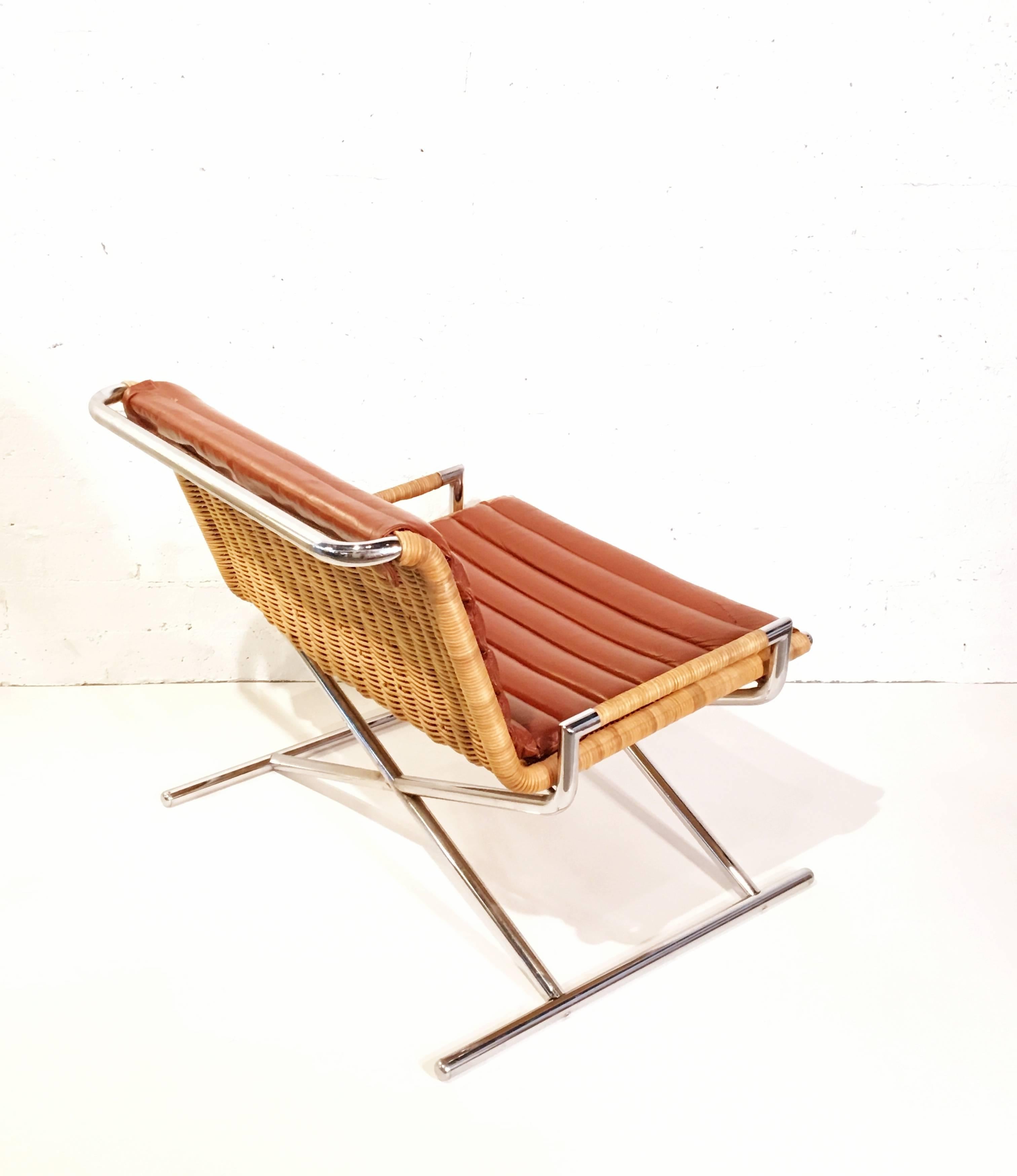 Wicker and Chrome Sled Lounge Chair by Ward Bennett In Excellent Condition In Palm Springs, CA