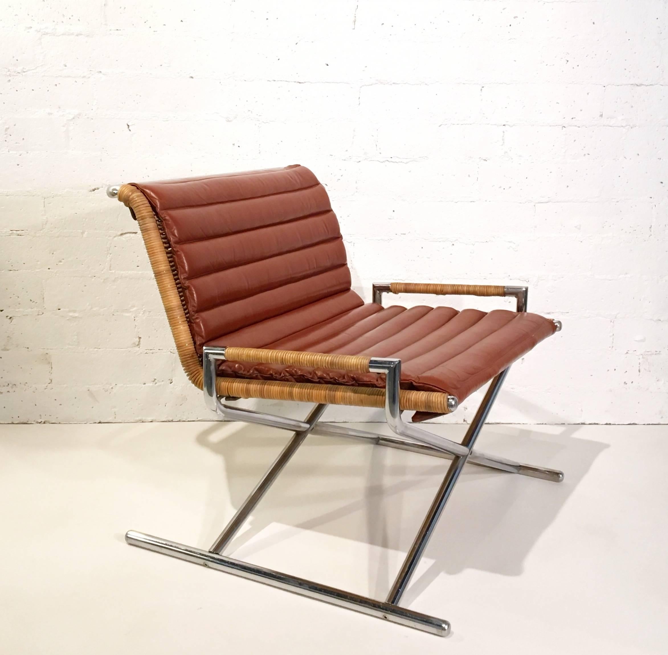 Wicker and Chrome Sled Lounge Chair by Ward Bennett 2