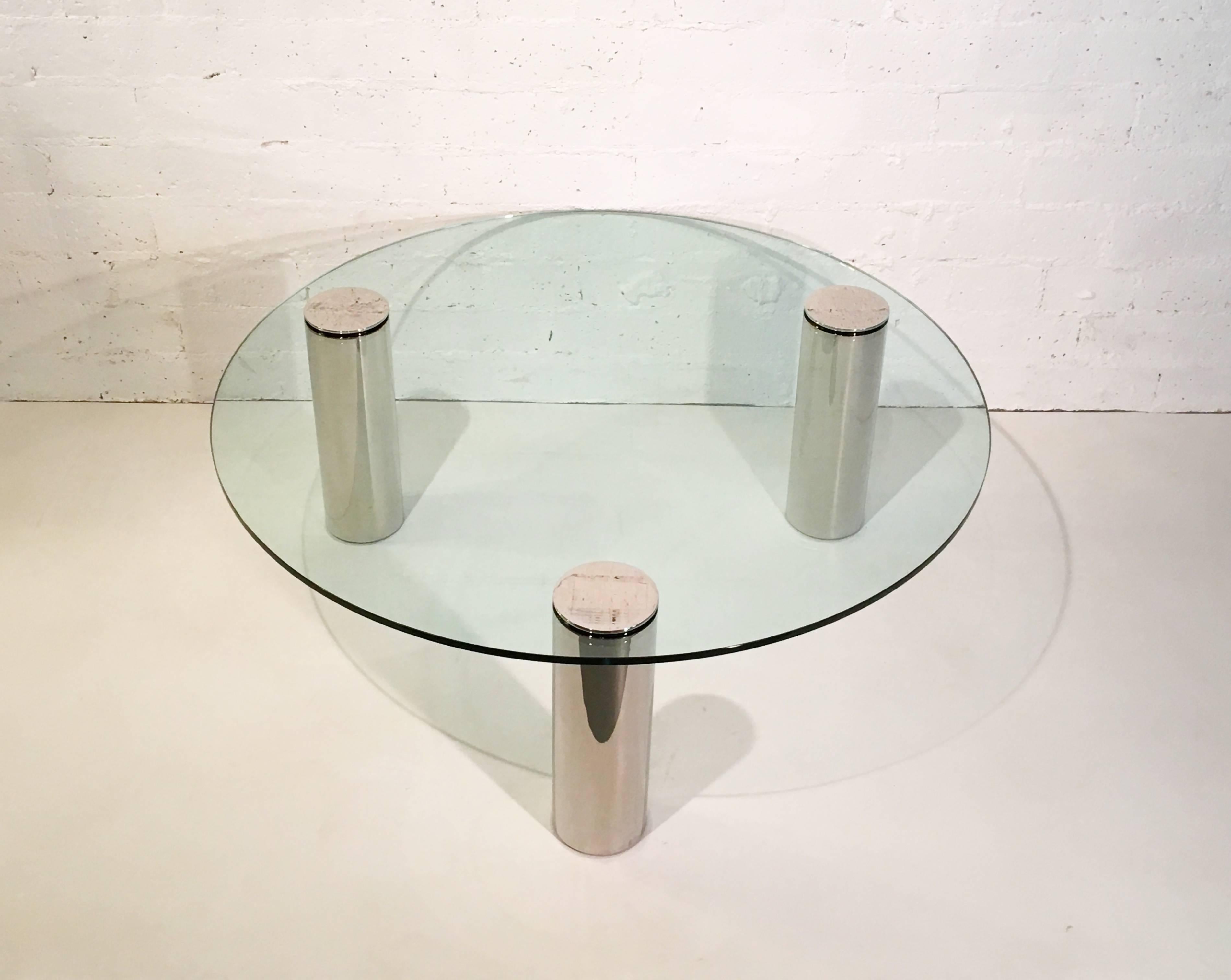 A beautiful 1970s tripod cocktail table by Pace Collection.
Newly nickel-plated and new 48