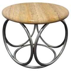 Table d'appoint sculpturale en travertin et chrome