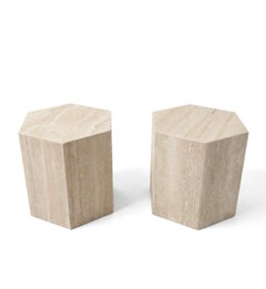 Pair of Travertine Hexagon Shape Side Tables