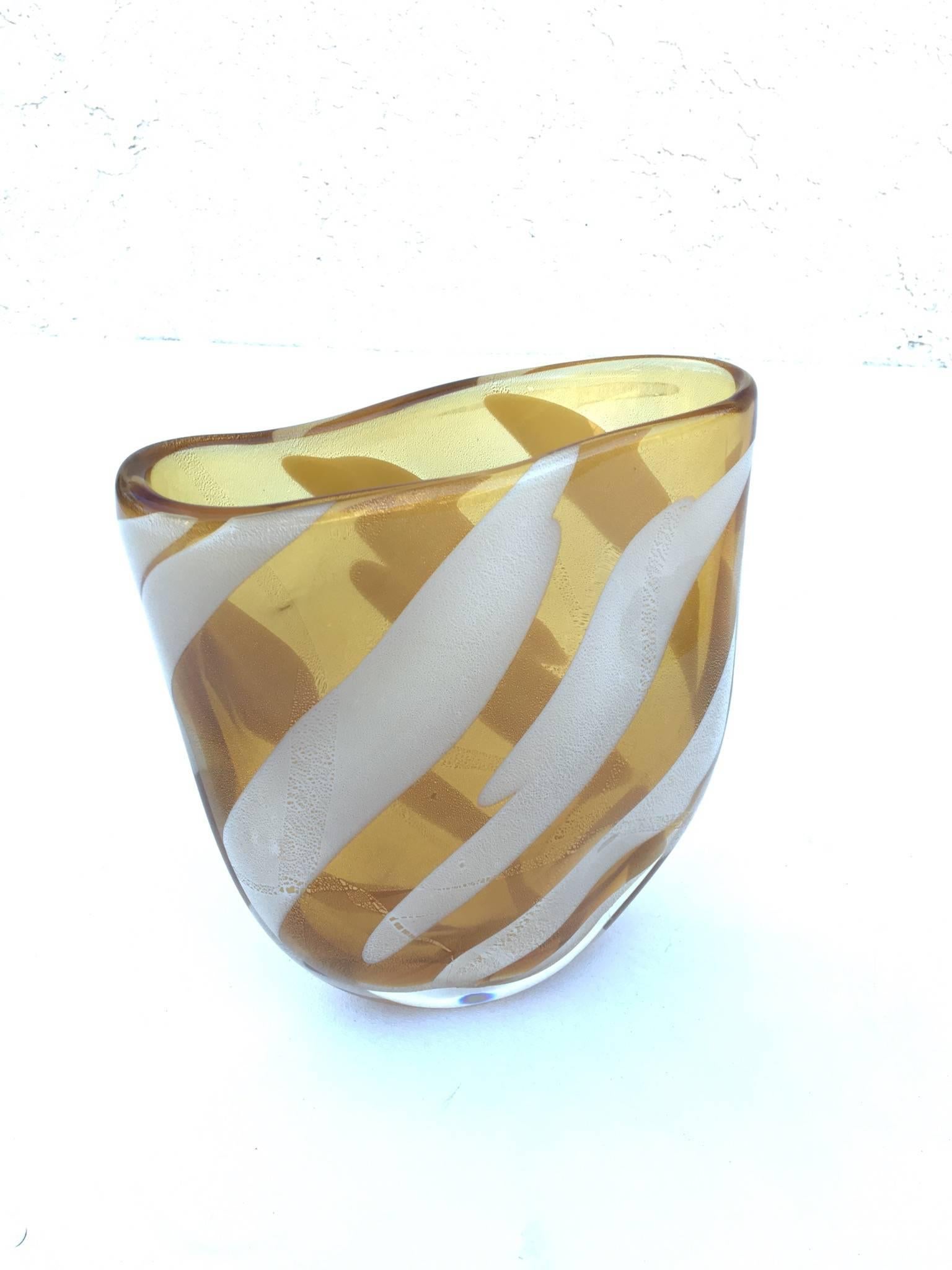 A beautiful 1960s murano glass vase with gold specks. 
Acid etched (Seguso Livio Murano) on the bottom.