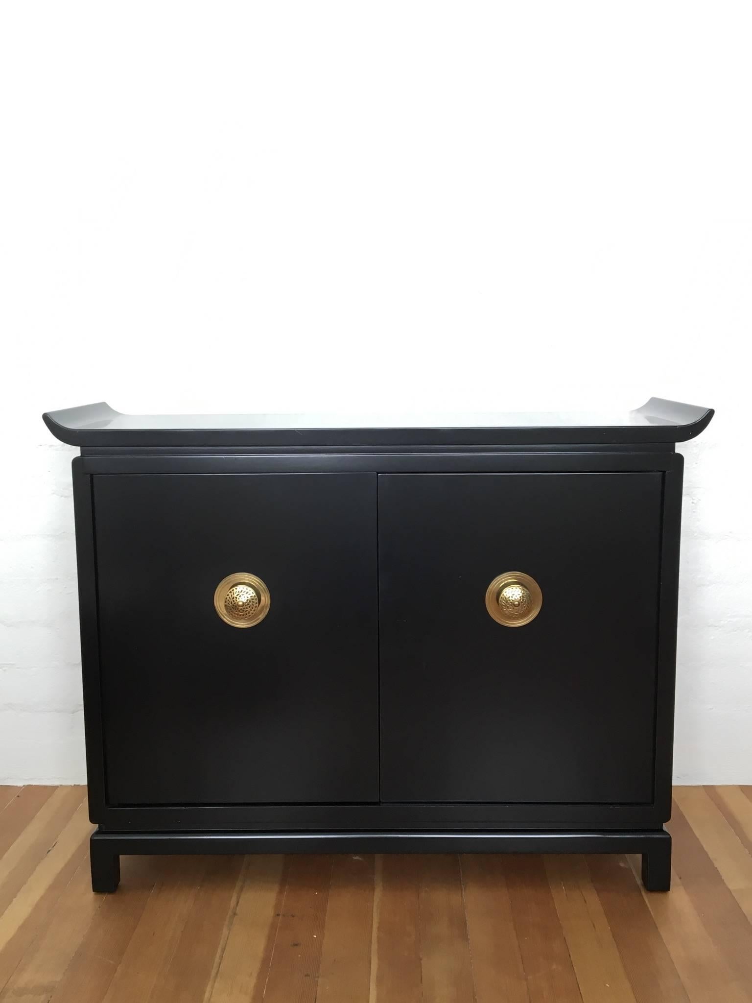 Mid-Century Modern 1950s Black Lacquer and Brass Cabinet Signed by James Mont