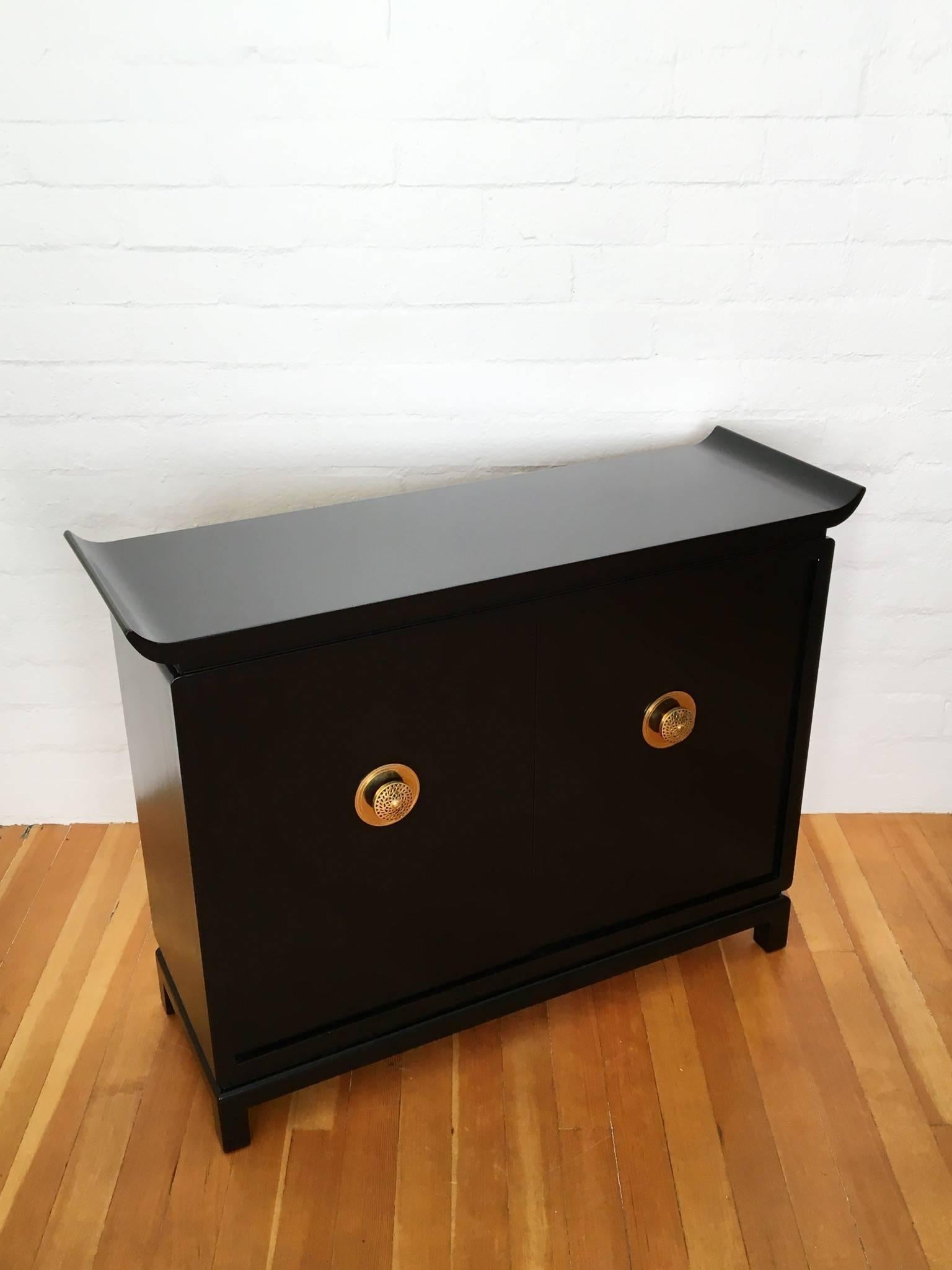 American 1950s Black Lacquer and Brass Cabinet Signed by James Mont