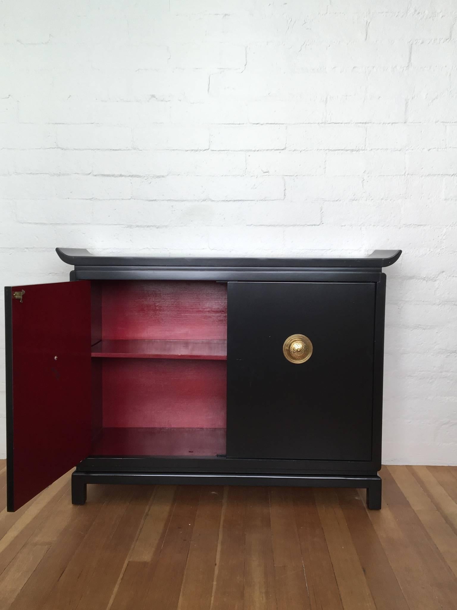 Lacquered 1950s Black Lacquer and Brass Cabinet Signed by James Mont