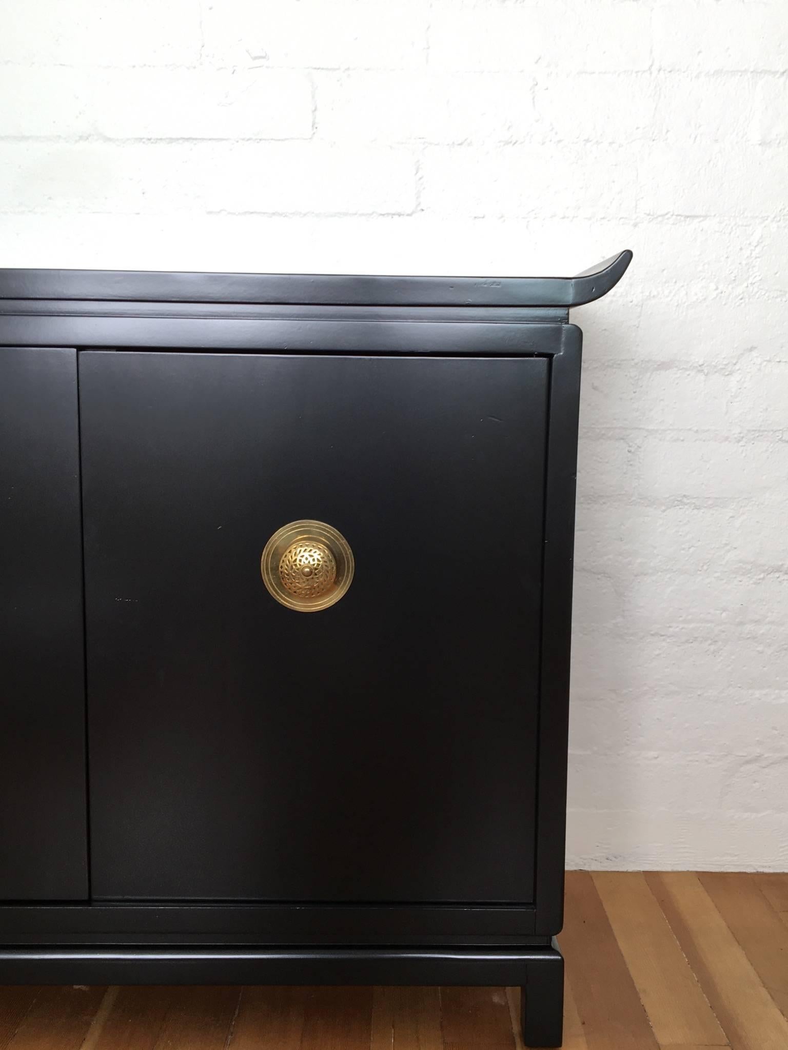 1950s Black Lacquer and Brass Cabinet Signed by James Mont 2