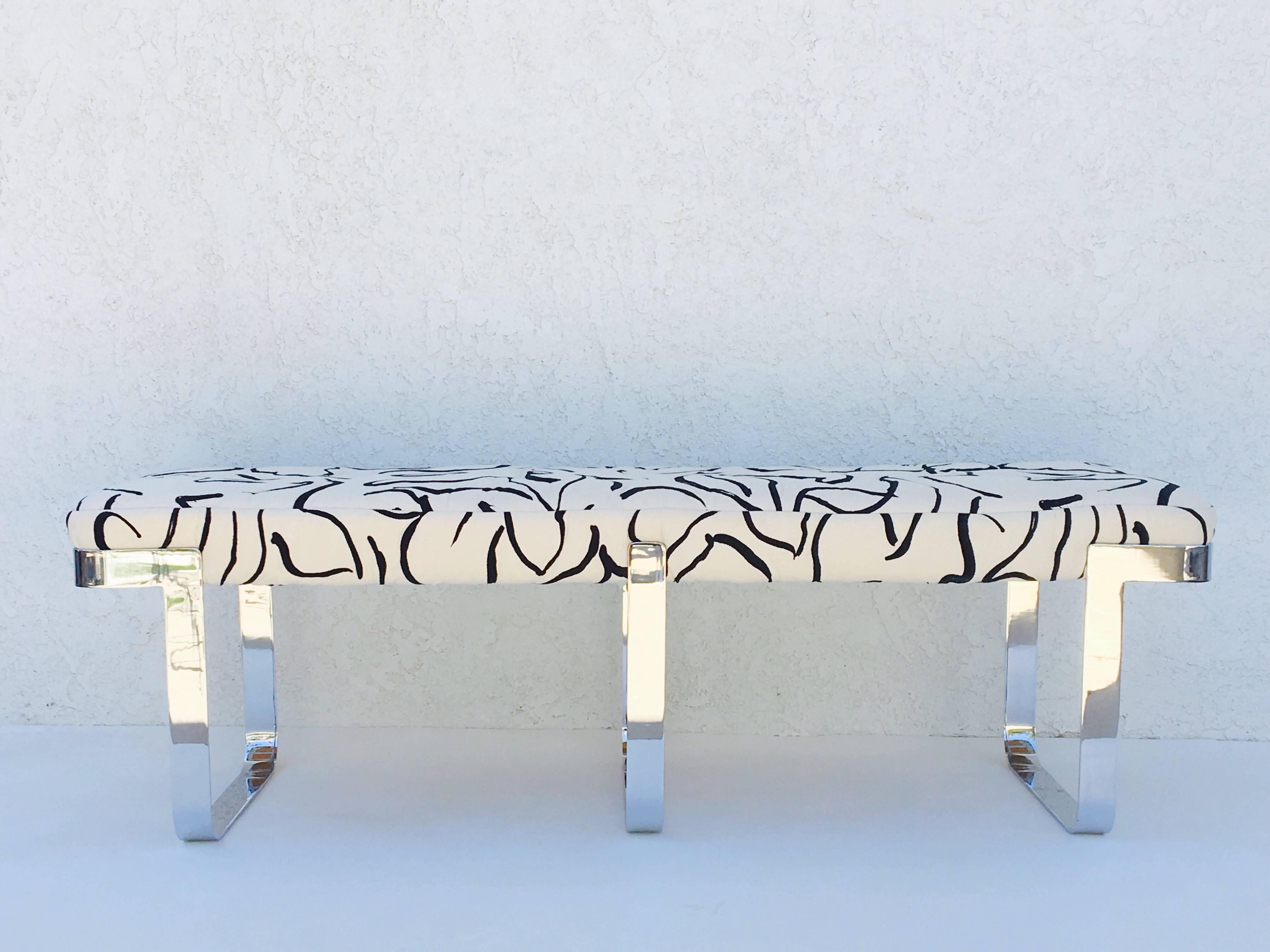 Modern Chrome and Donghia Fabric Bench by Tri-Mark Design