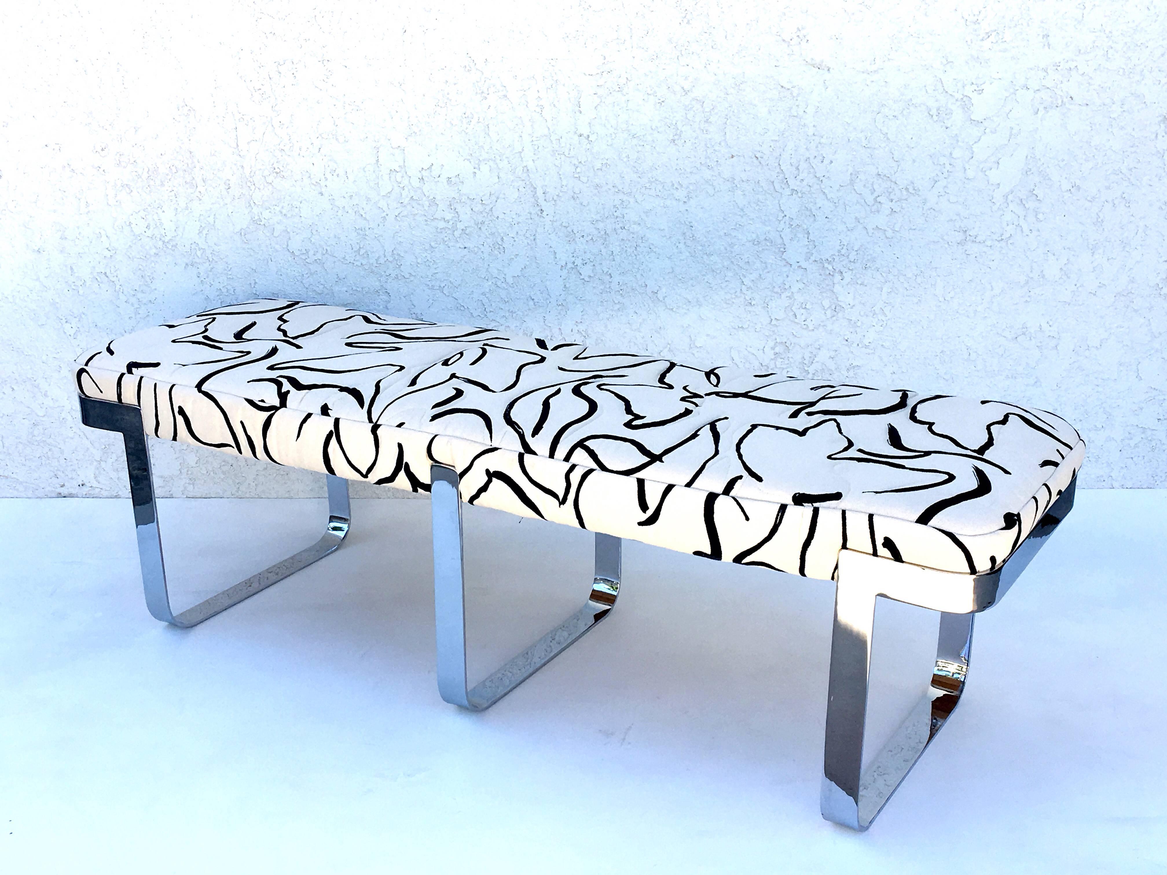 Chrome and Donghia Fabric Bench by Tri-Mark Design 3