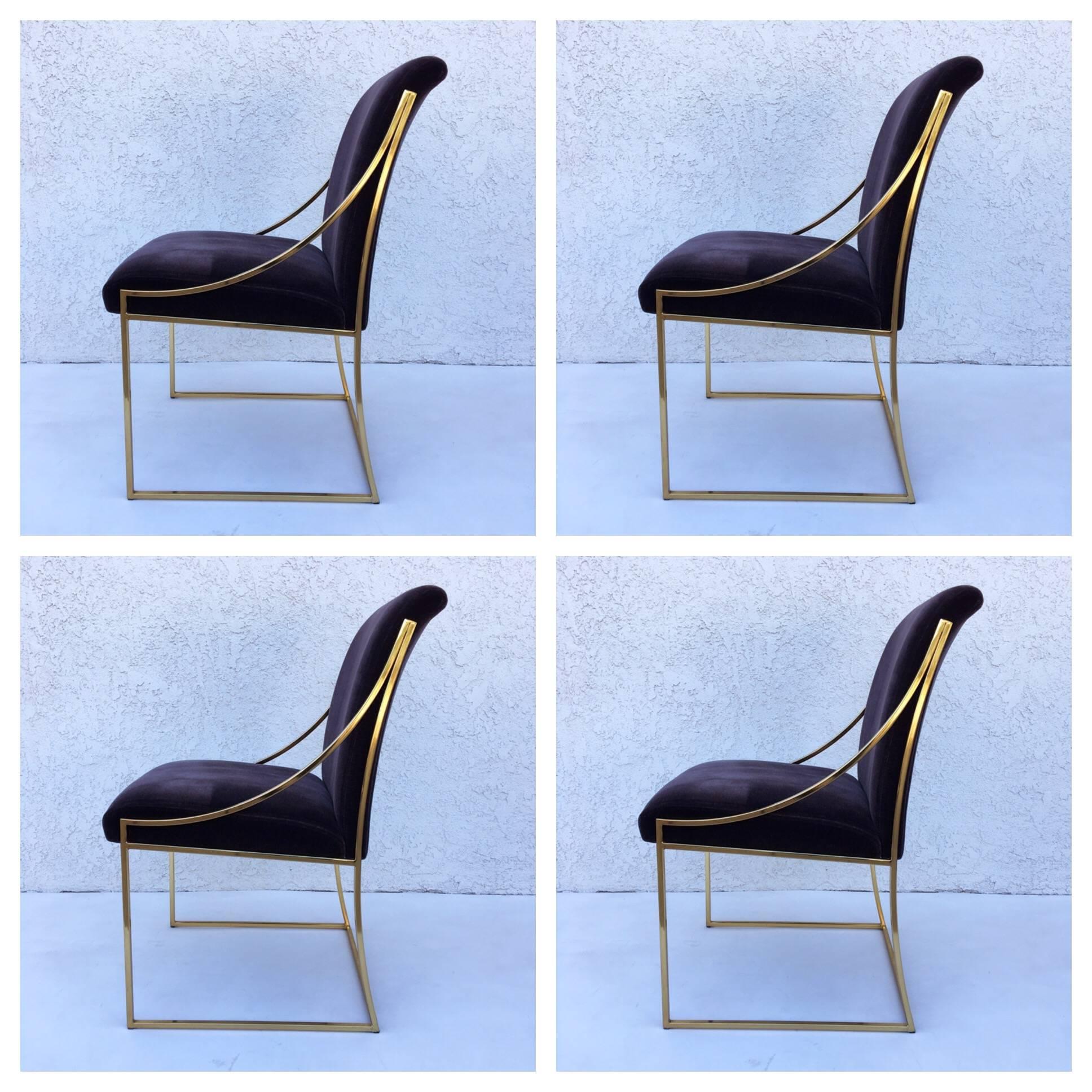 1970s rare set of four brass and Mohair dining chairs from the 
