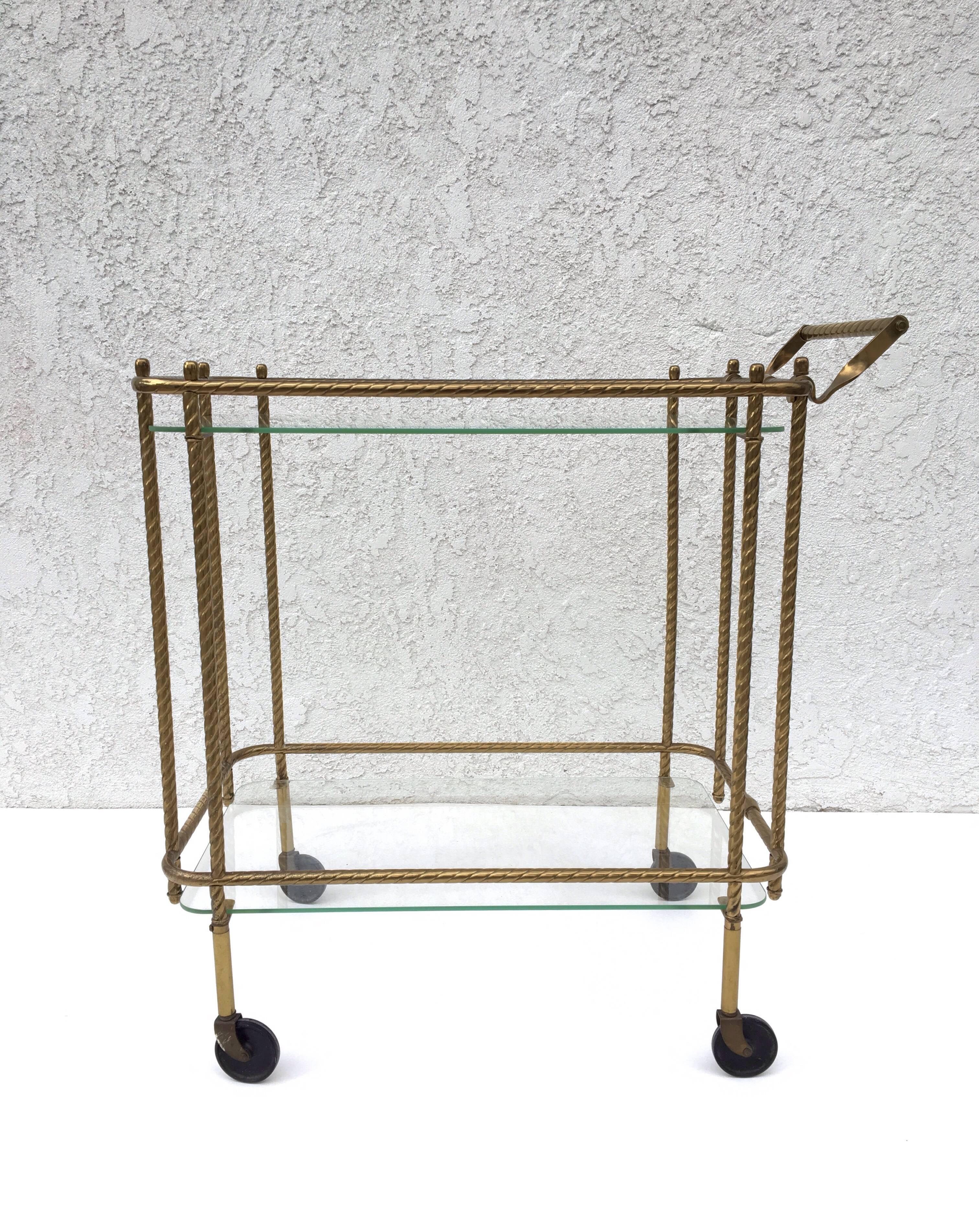 Unknown 1970s Aged Brass and Glass Bar Cart
