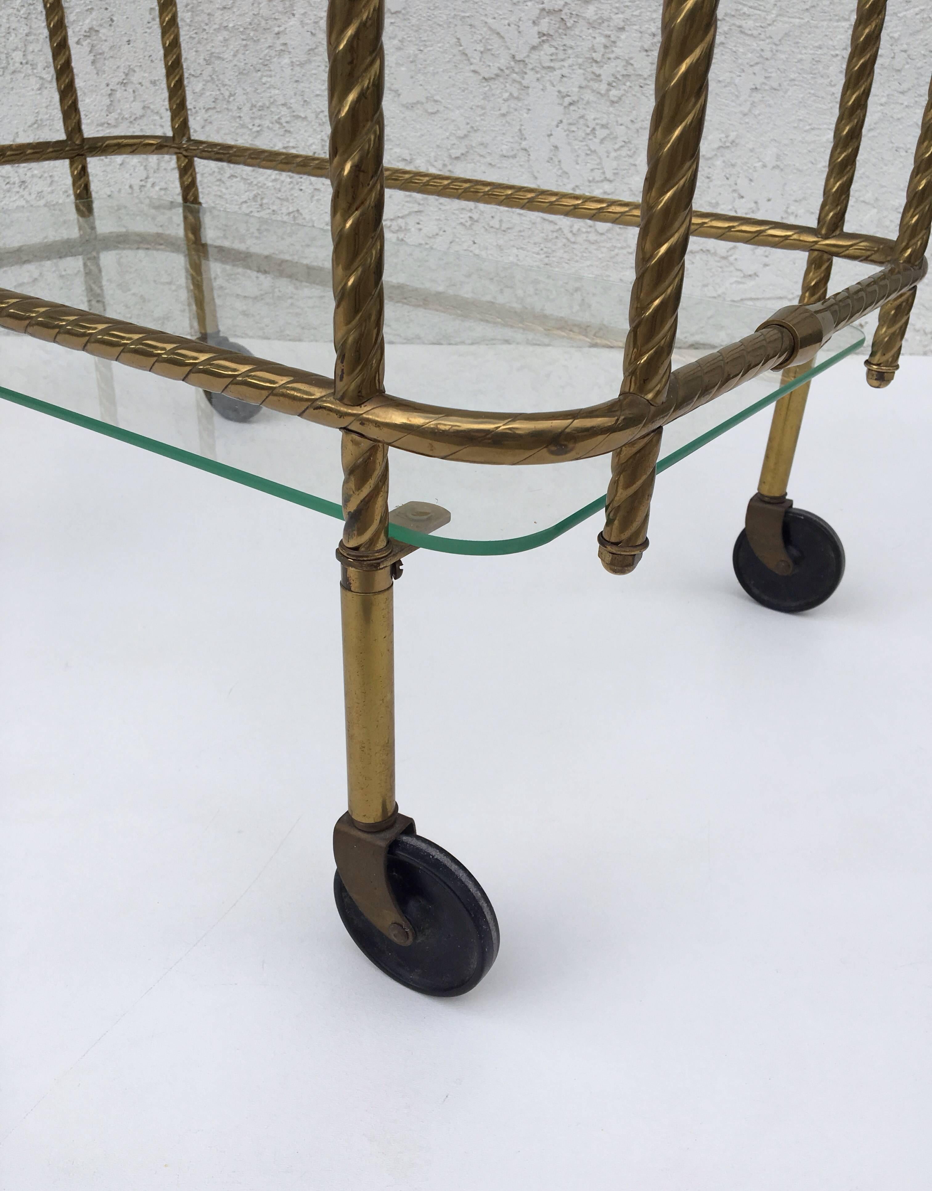 1970s Aged Brass and Glass Bar Cart In Excellent Condition In Palm Springs, CA