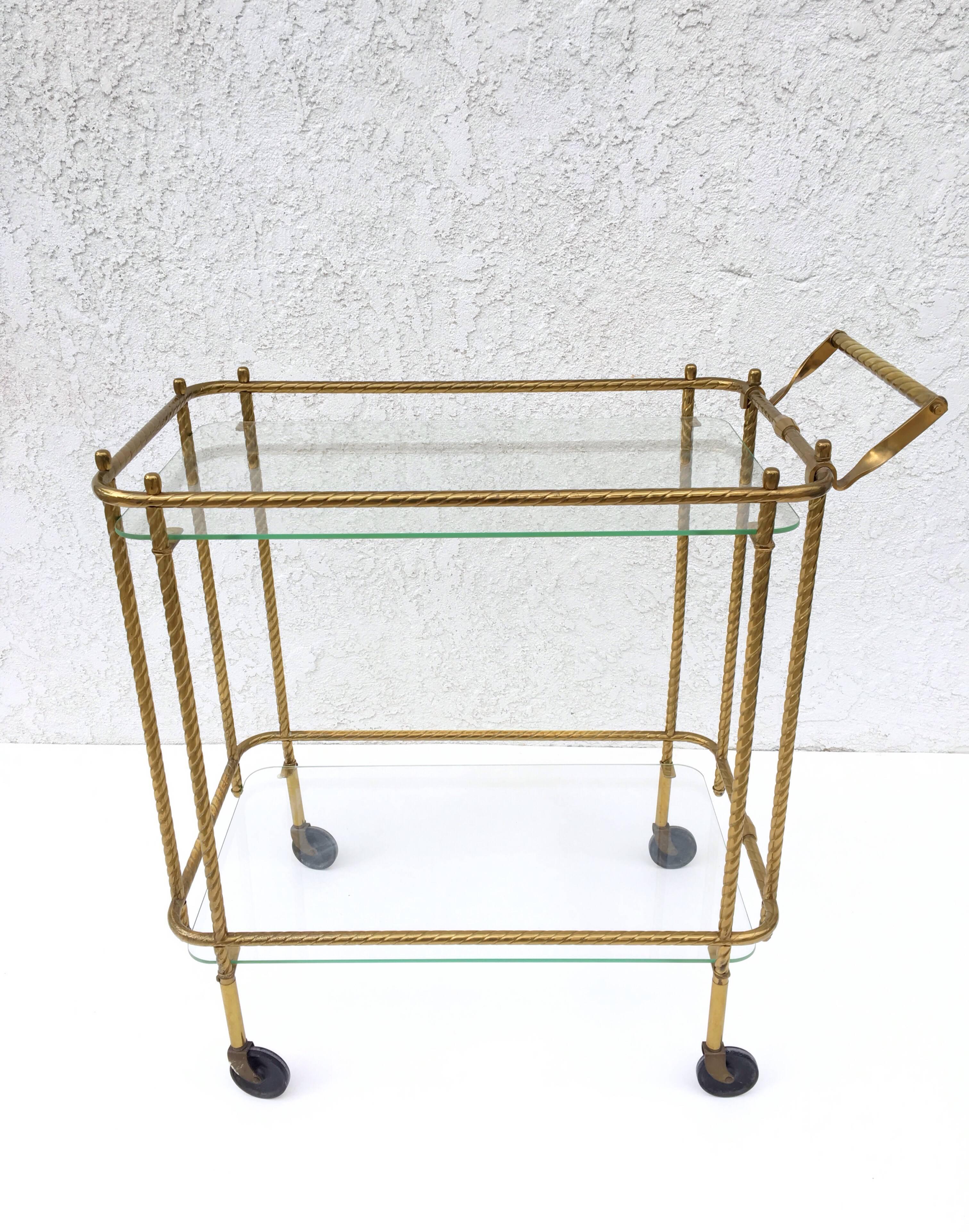Late 20th Century 1970s Aged Brass and Glass Bar Cart