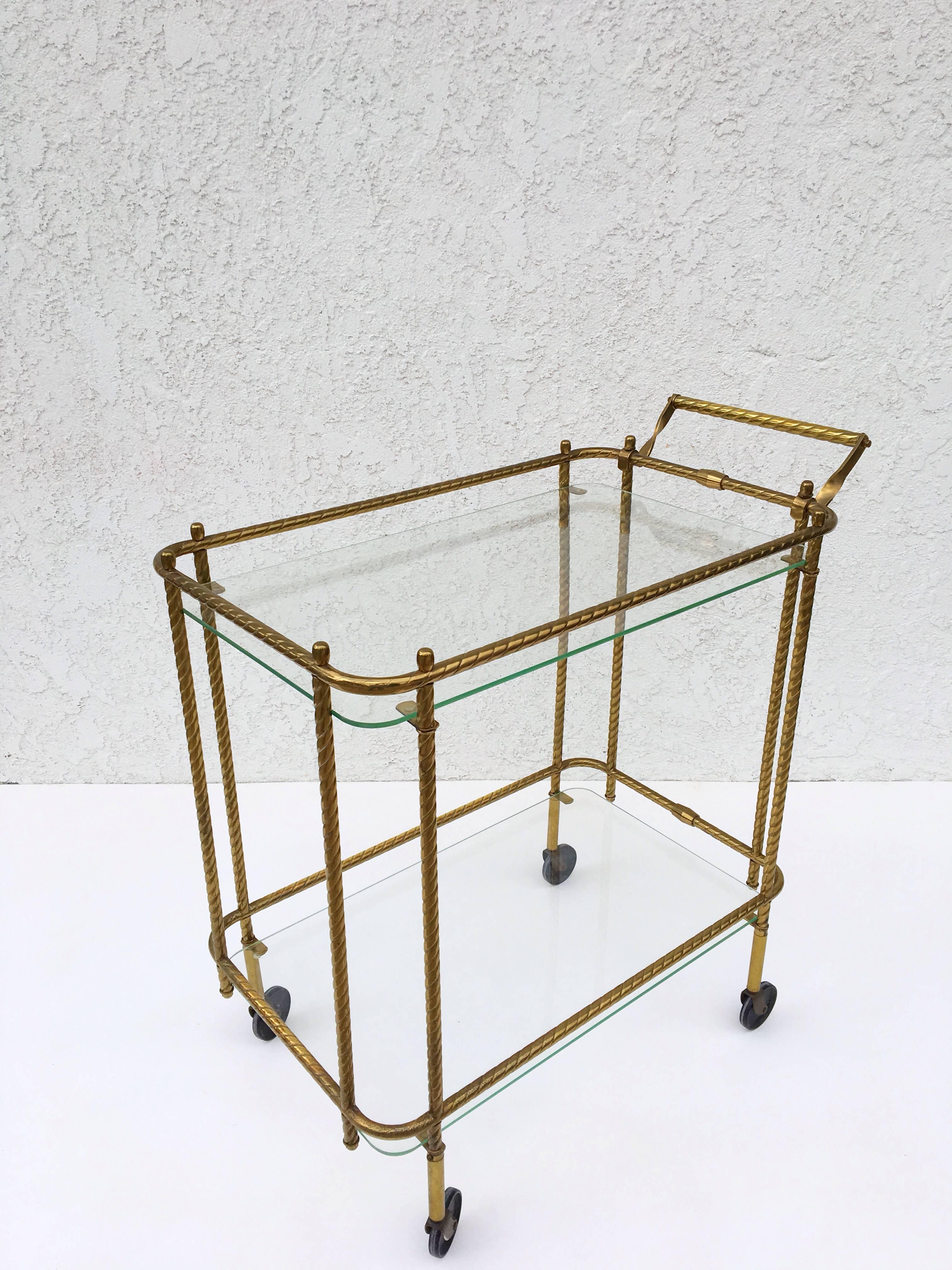 1970s Aged Brass and Glass Bar Cart 1