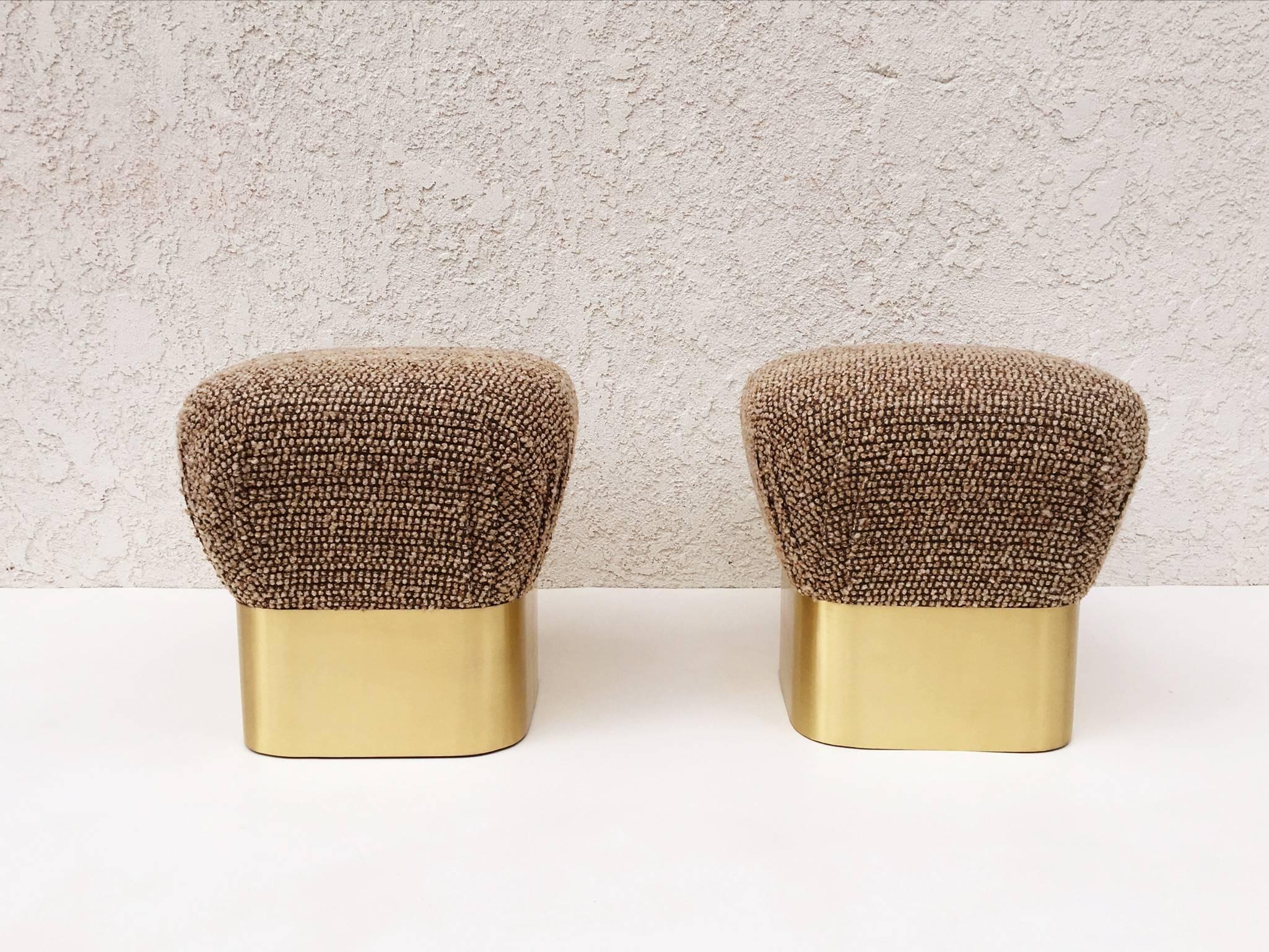 American Pair of Brush Brass and Fabric Poufs by J. Robert Scott