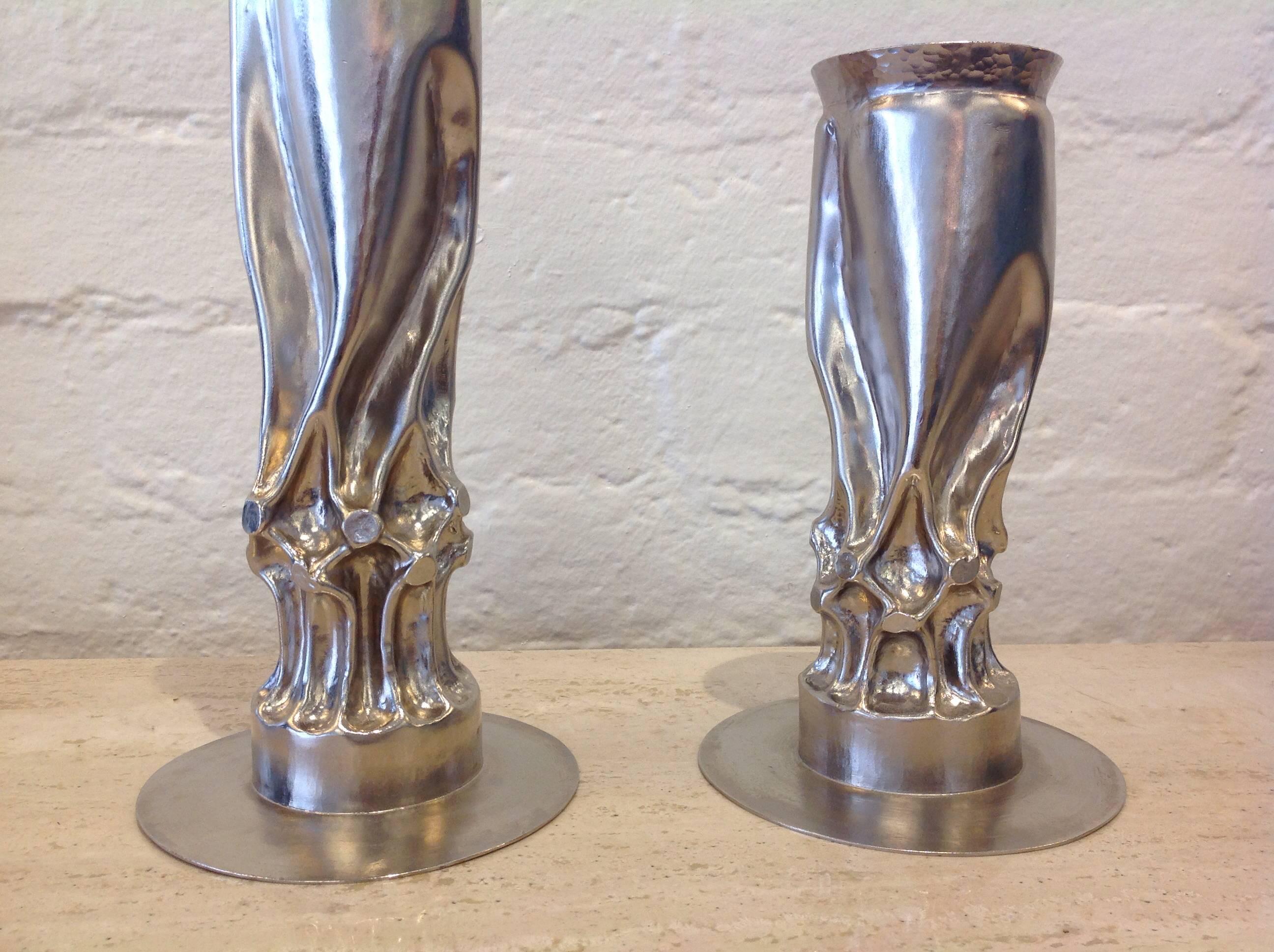 American Pair of Brutalist Nickel Candle Holders by Thomas Roy Markusen For Sale