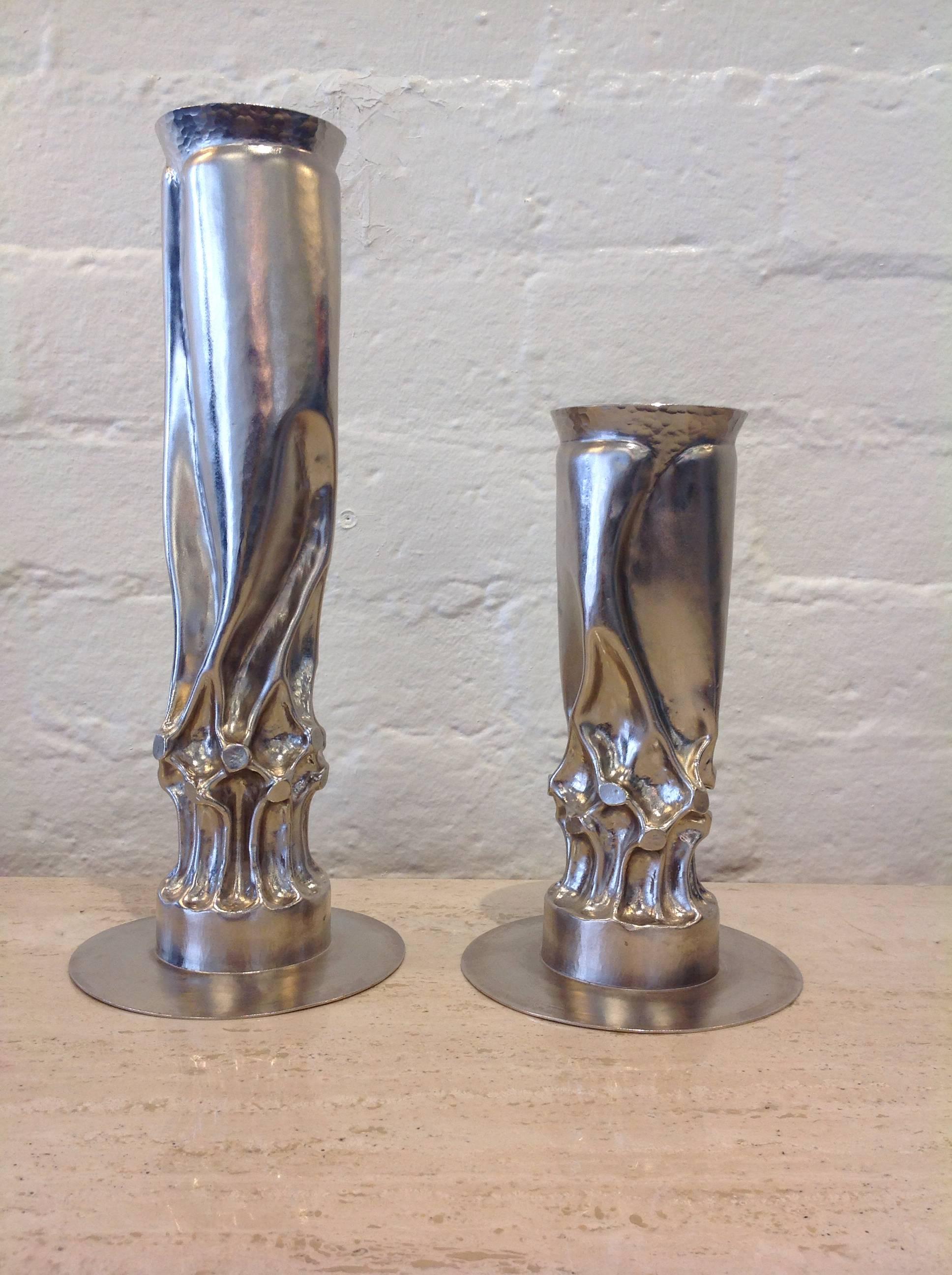 Late 20th Century Pair of Brutalist Nickel Candle Holders by Thomas Roy Markusen For Sale