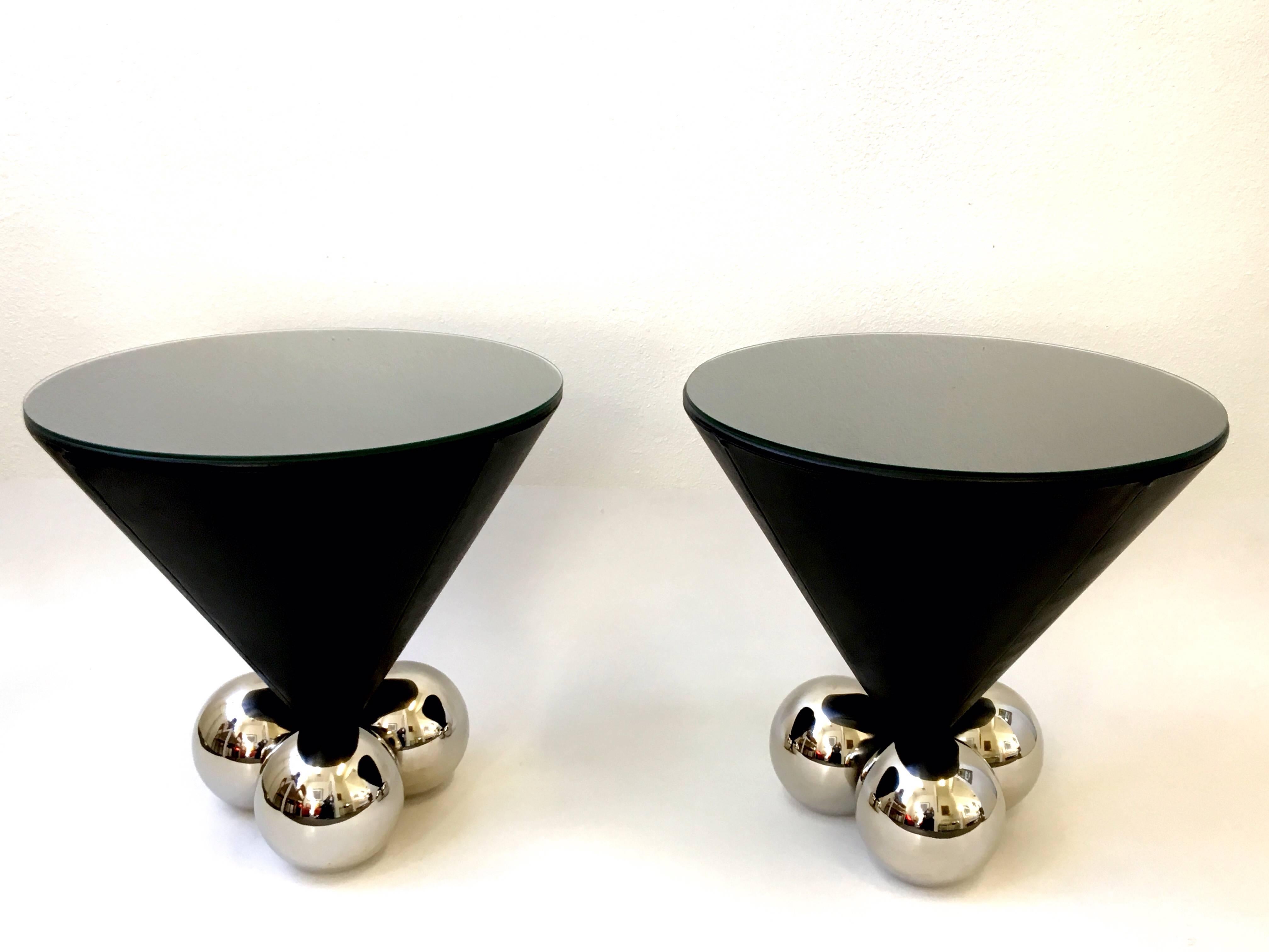 Post-Modern Pair of Leather and Polished Stainless Steel Bocci Side Tables by Brueton 