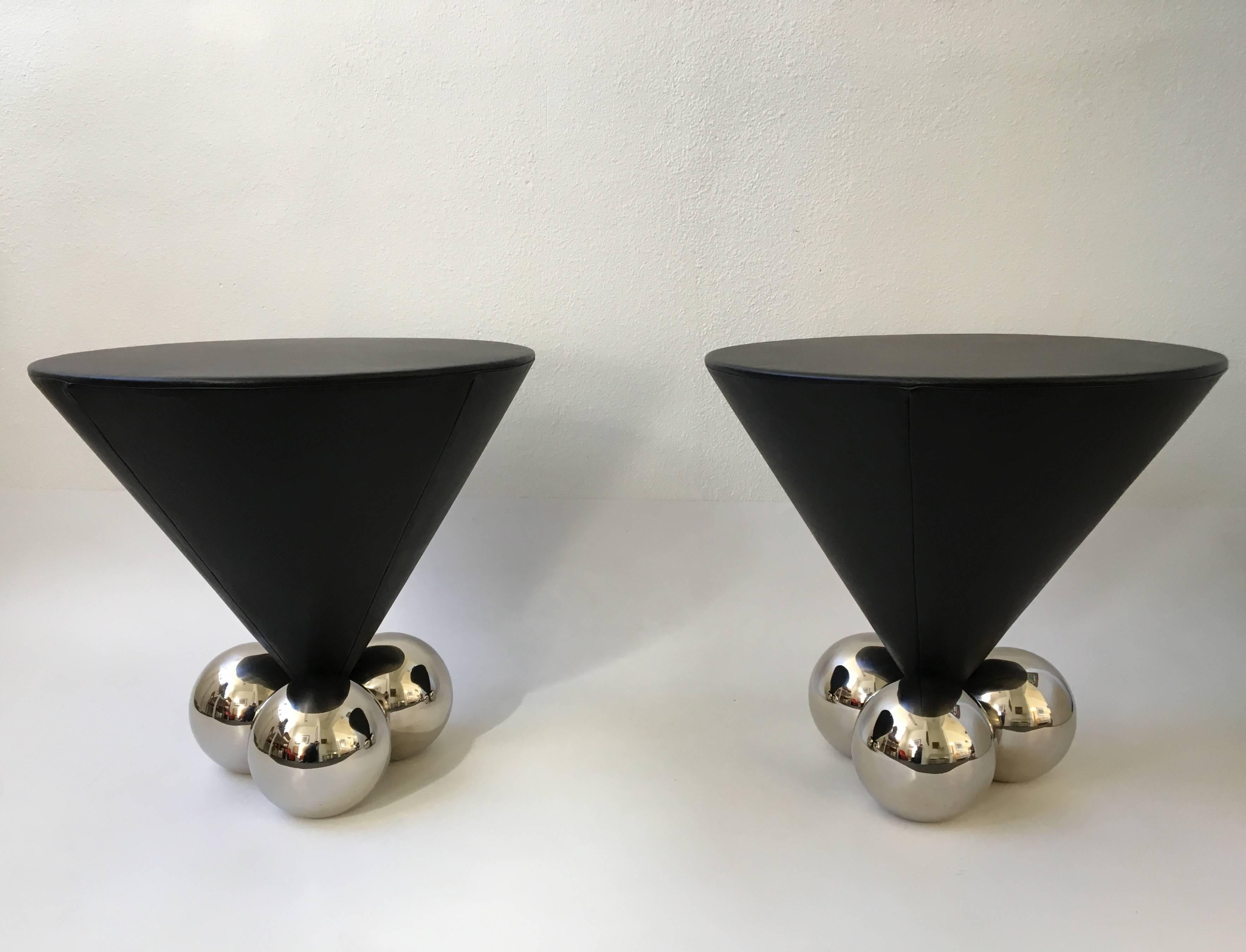 Pair of Leather and Polished Stainless Steel Bocci Side Tables by Brueton  In Excellent Condition In Palm Springs, CA