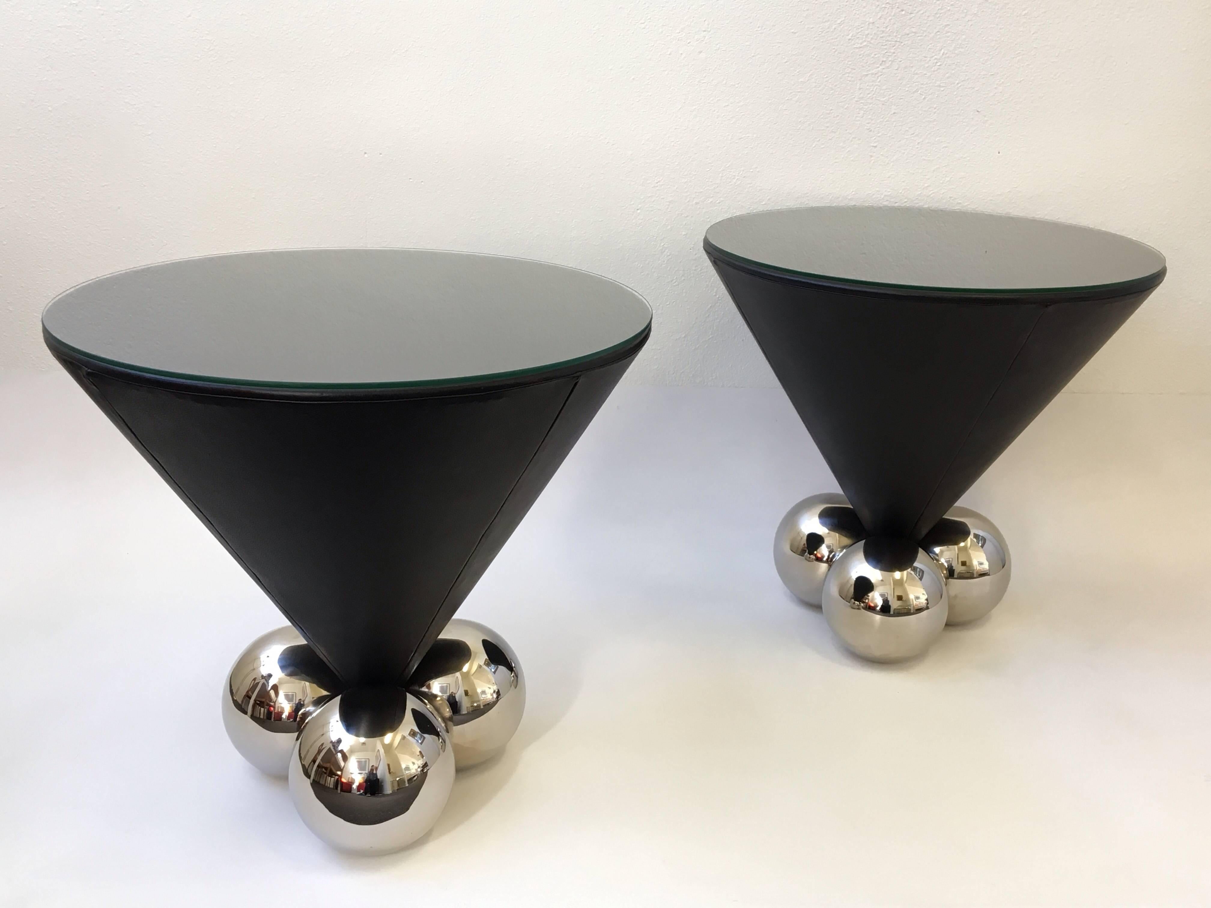 Pair of Leather and Polished Stainless Steel Bocci Side Tables by Brueton  2