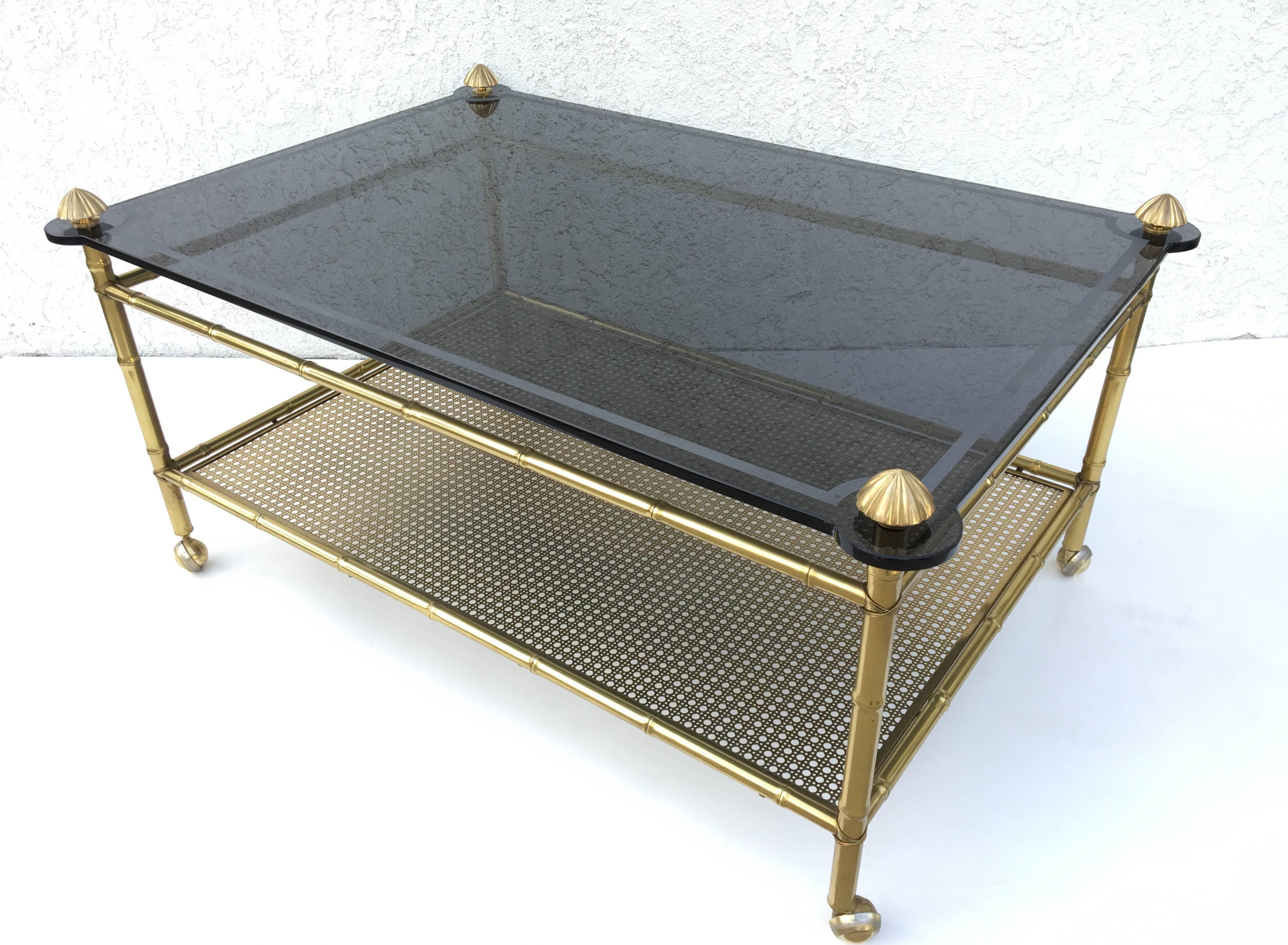 Mid-Century Modern French Two-Tiered Brass and Glass Faux Bamboo Cocktail Table For Sale