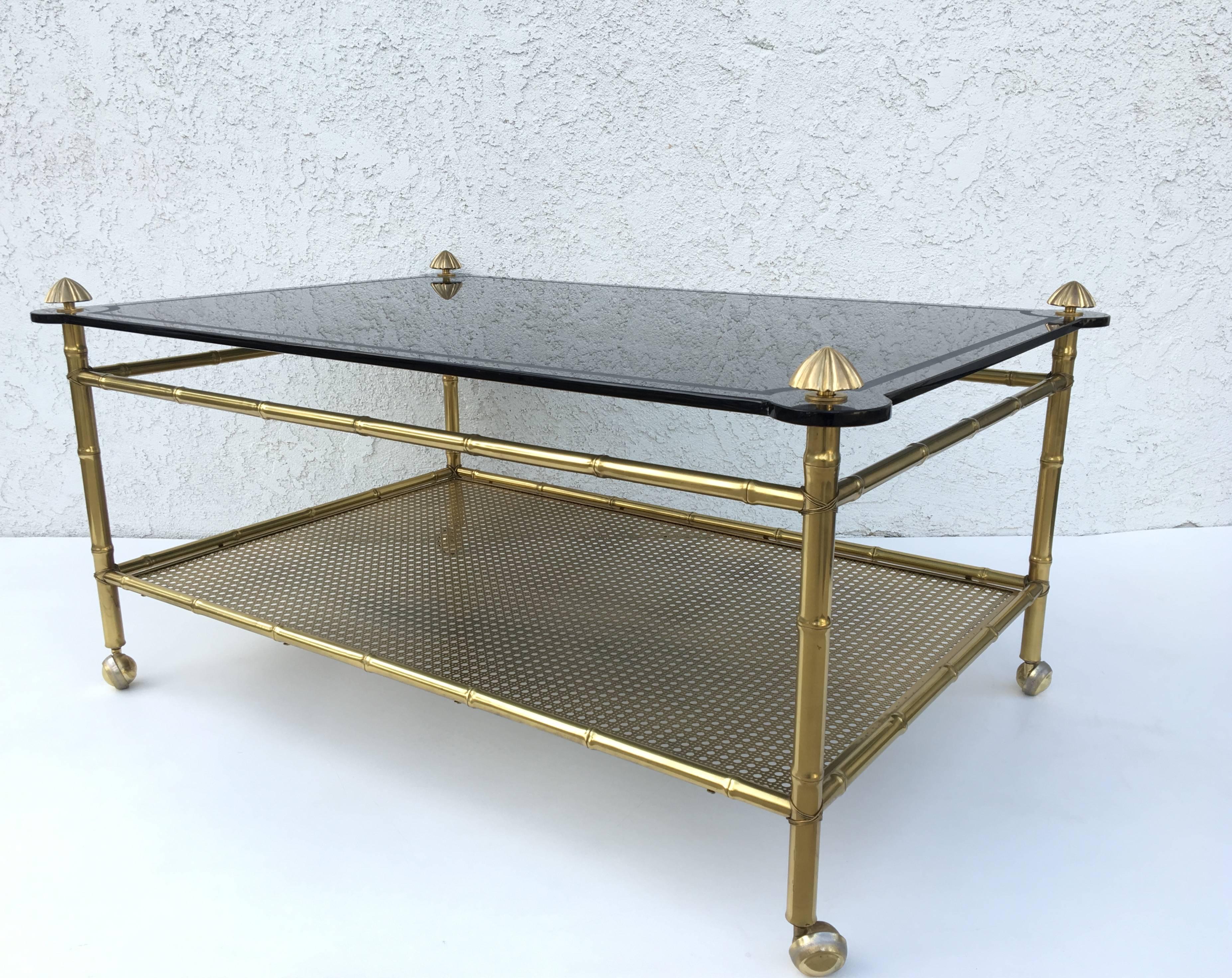 Polished French Two-Tiered Brass and Glass Faux Bamboo Cocktail Table For Sale