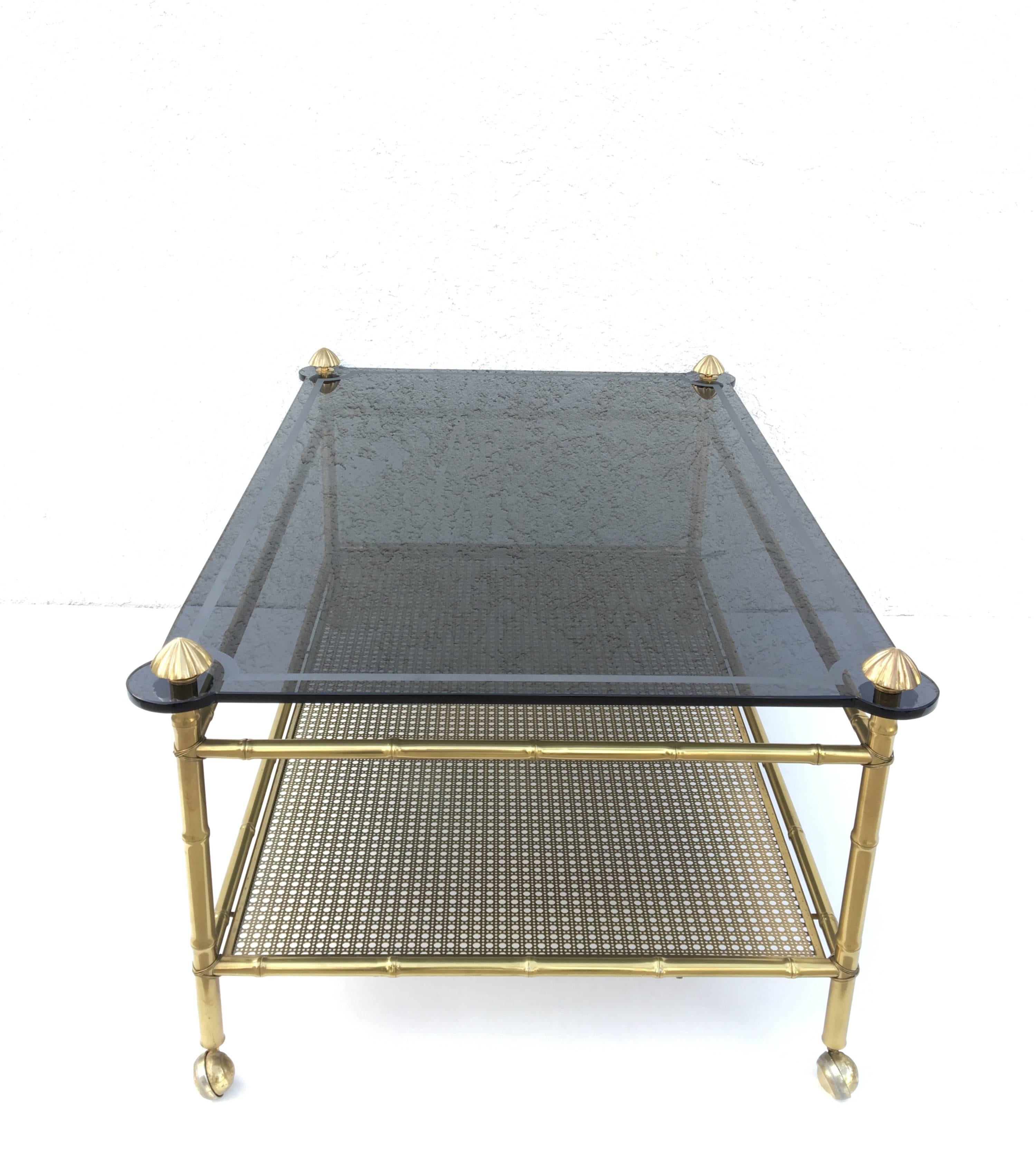 French Two-Tiered Brass and Glass Faux Bamboo Cocktail Table In Excellent Condition For Sale In Palm Springs, CA