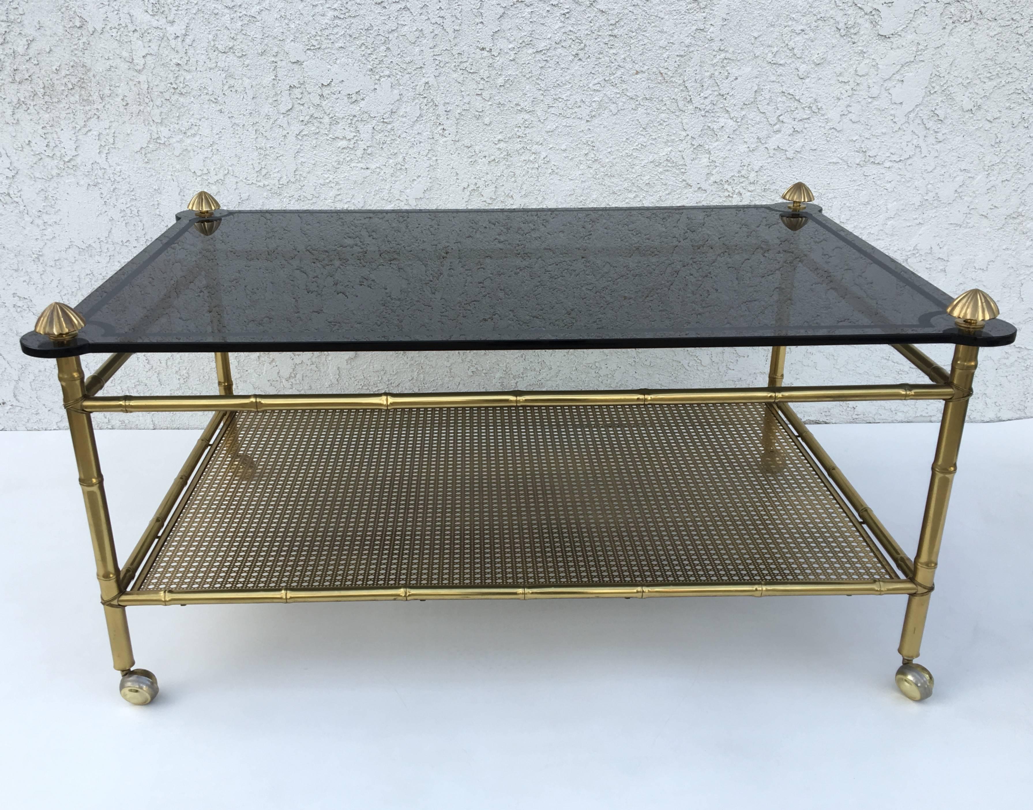 Mid-20th Century French Two-Tiered Brass and Glass Faux Bamboo Cocktail Table For Sale