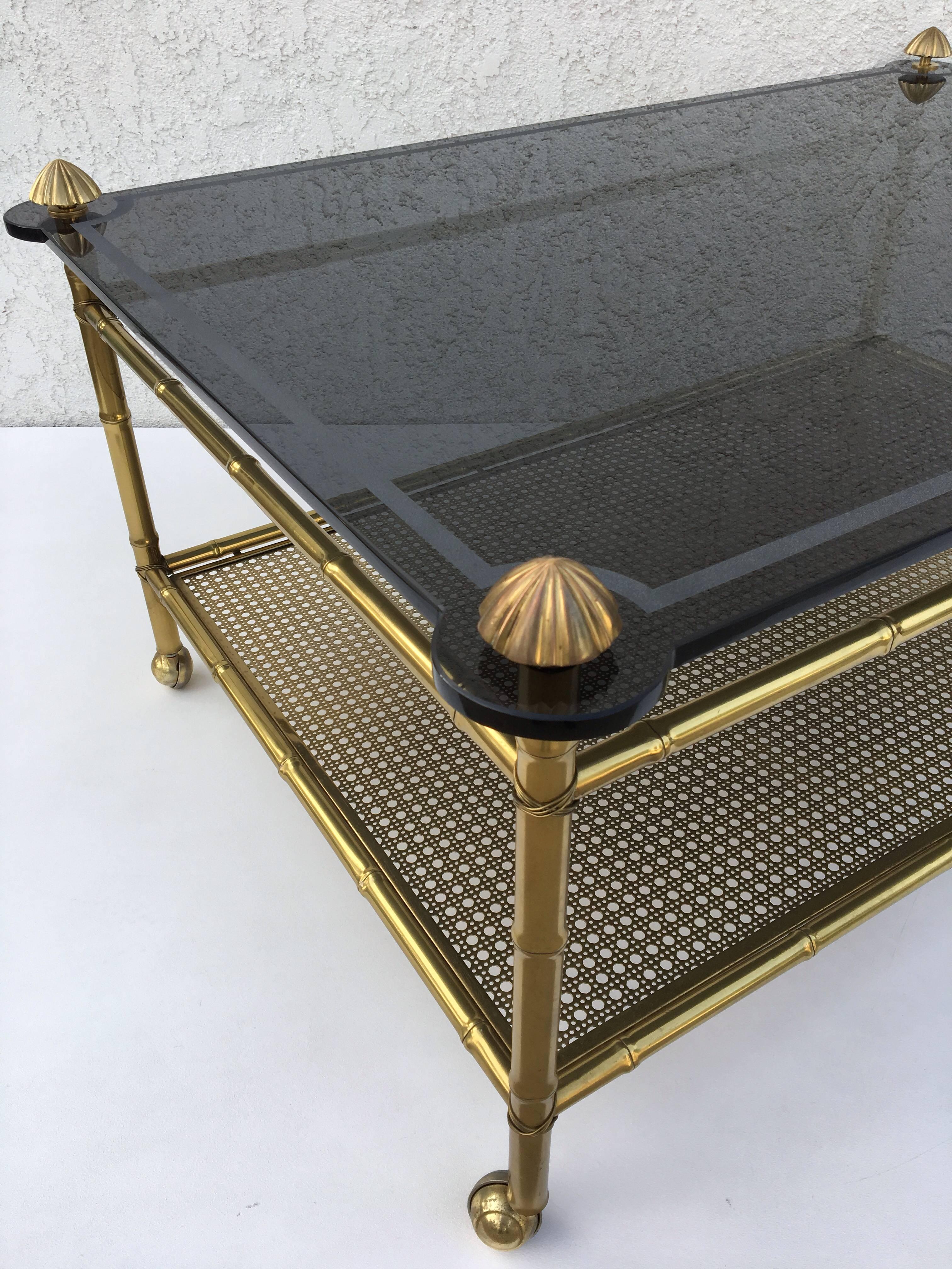 French Two-Tiered Brass and Glass Faux Bamboo Cocktail Table For Sale 1