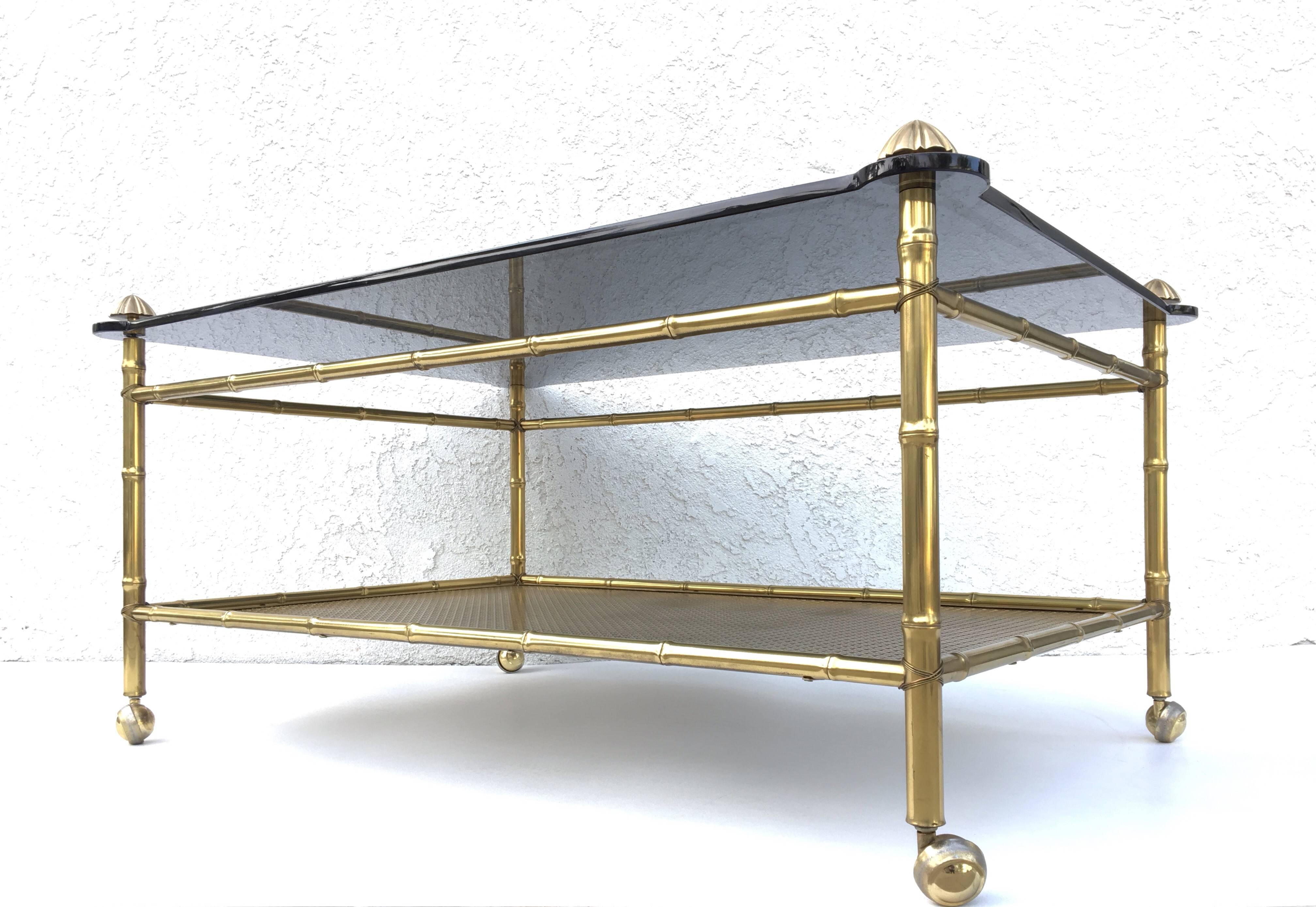 French Two-Tiered Brass and Glass Faux Bamboo Cocktail Table For Sale 2