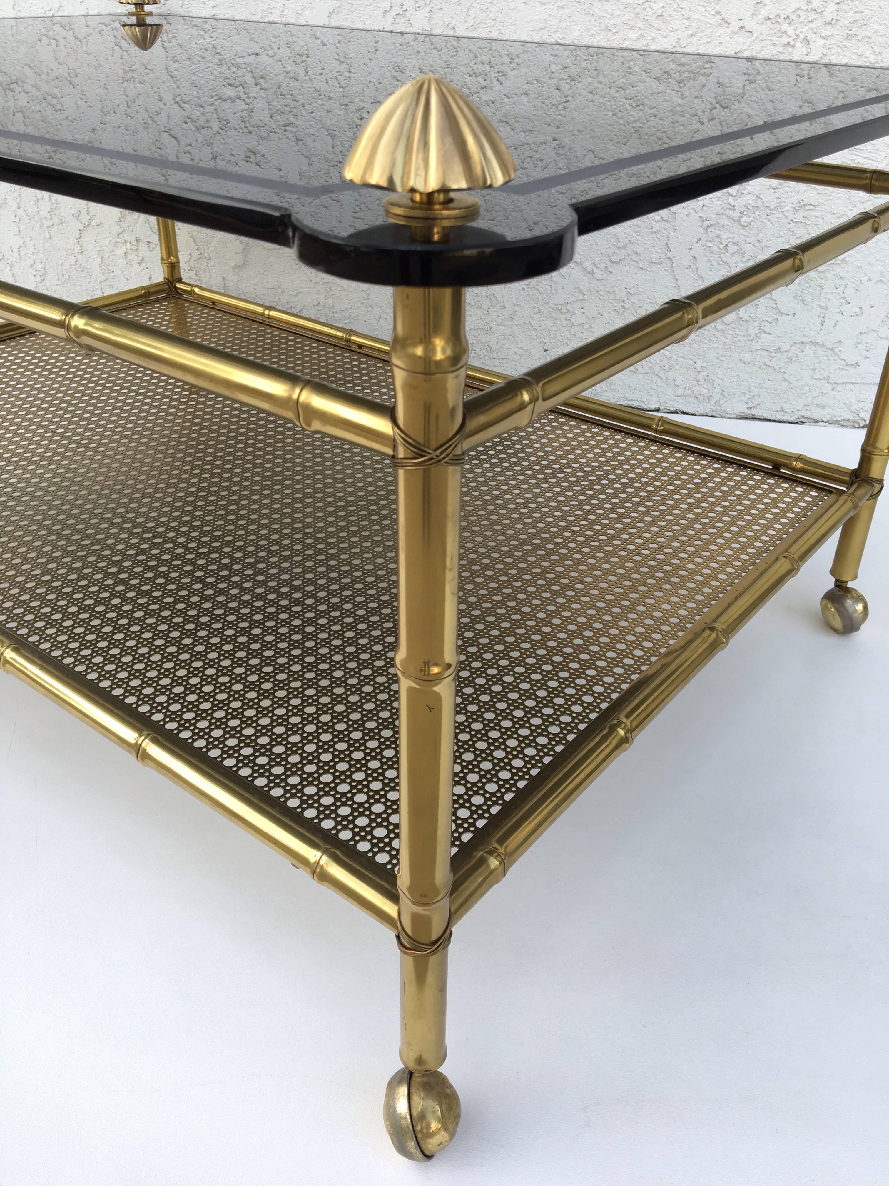 French Two-Tiered Brass and Glass Faux Bamboo Cocktail Table For Sale 3