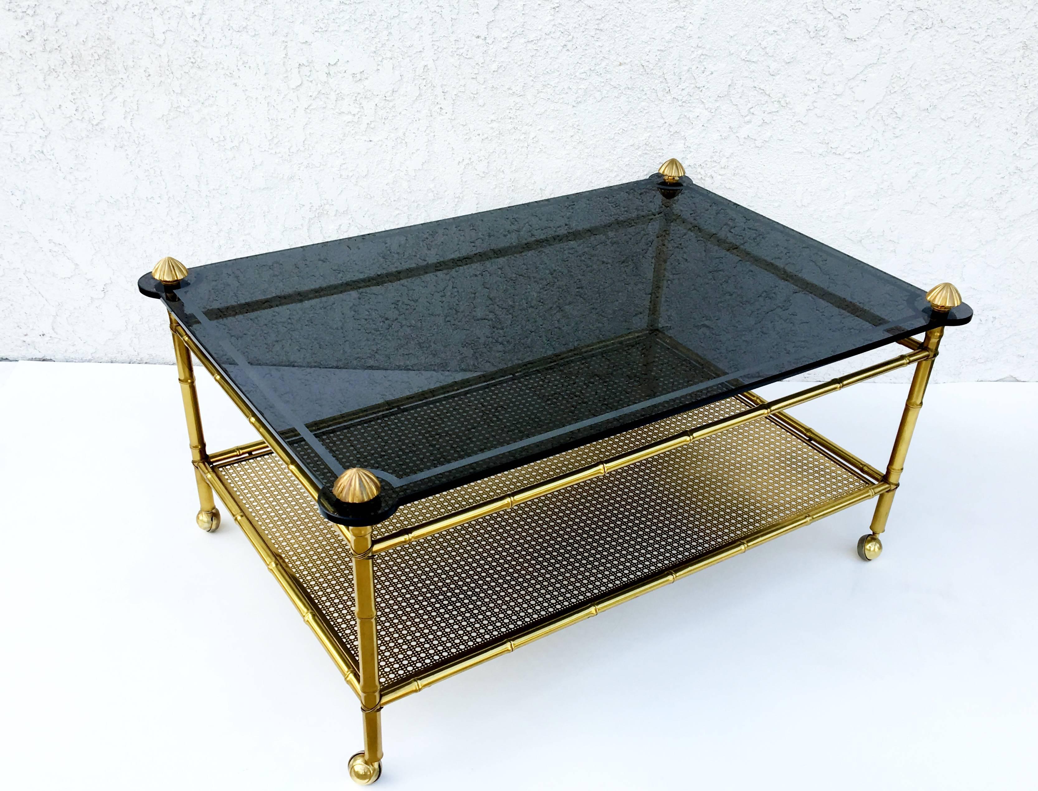 French Two-Tiered Brass and Glass Faux Bamboo Cocktail Table For Sale 4