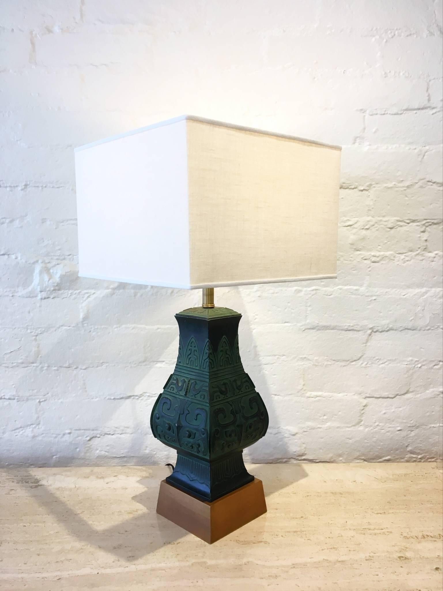 Hollywood Regency Pair of Bronze Table Lamps in the Manner of James Mont For Sale