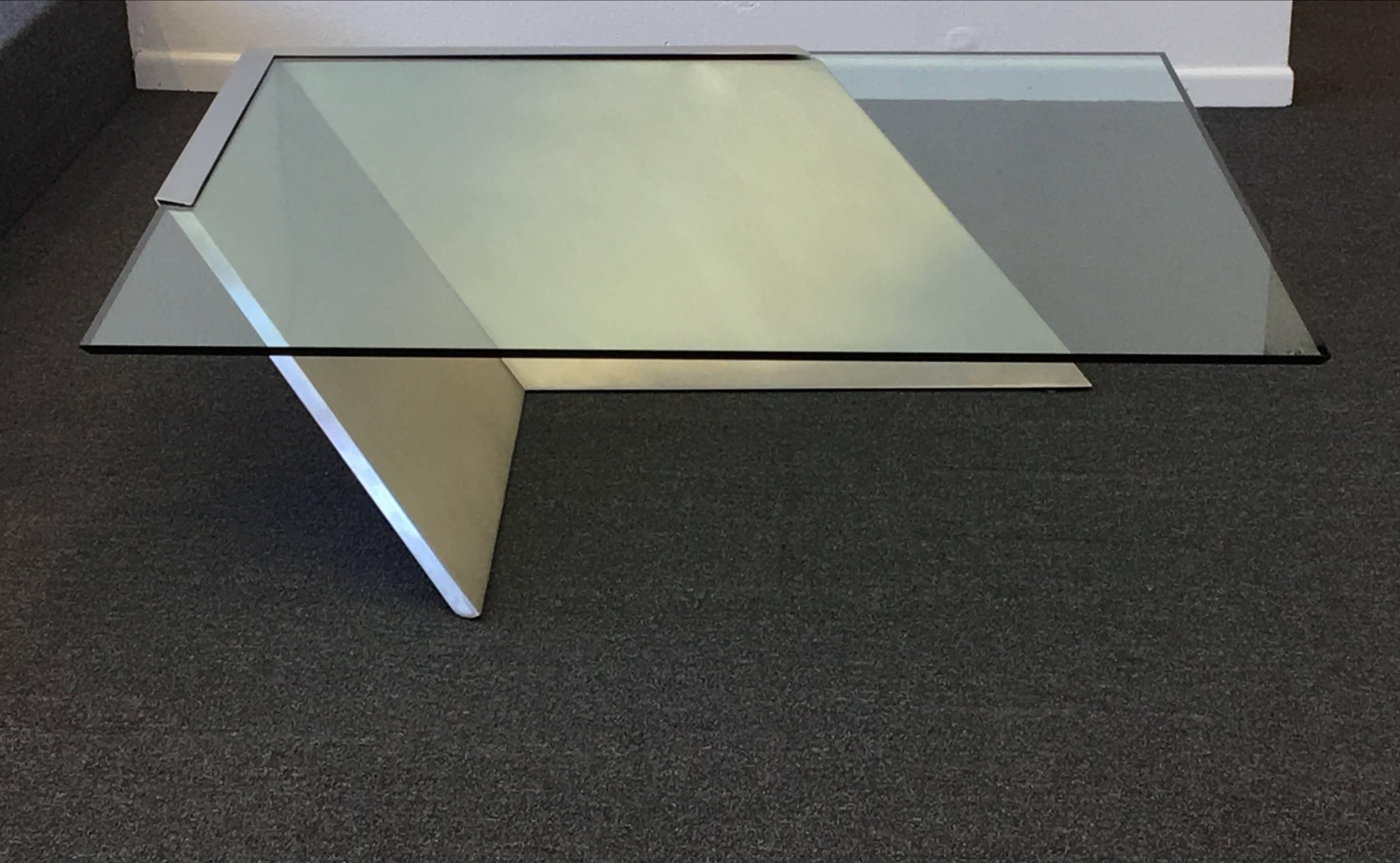 Beveled Brushed Stainless Steel and Glass Cocktail Table by Brueton