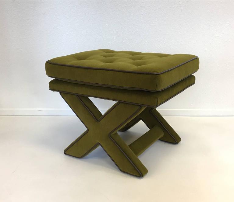 Pair of Mohair and Leather "X" Base Bench by Billy Baldwin at 1stDibs