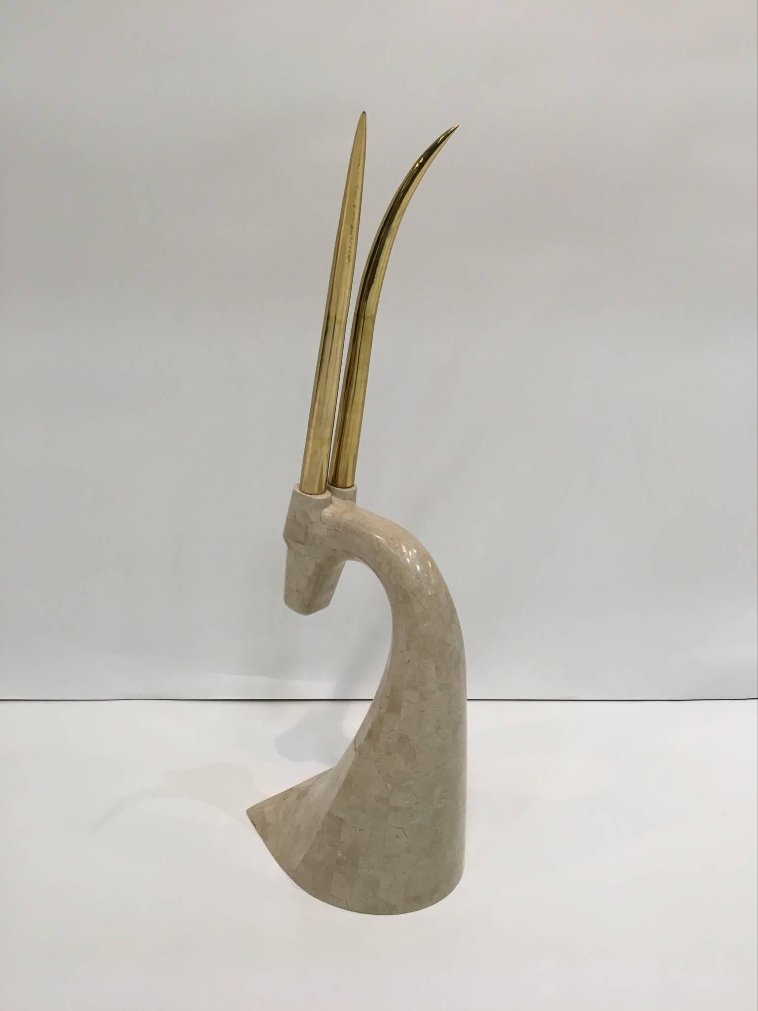 Modern Brass and Travertine Antelope Sculpture by Maitland Smith