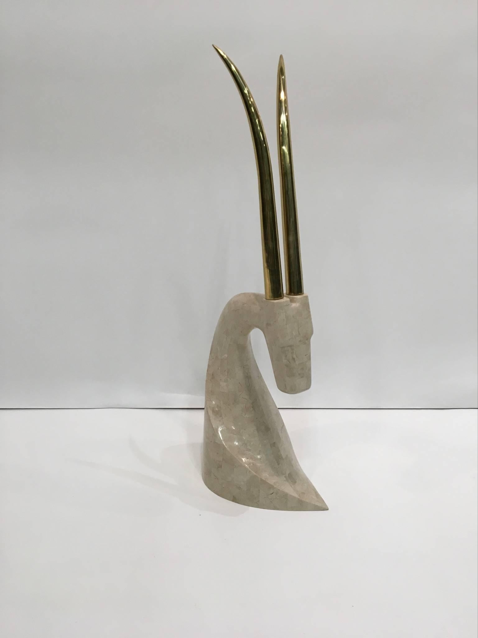 American Brass and Travertine Antelope Sculpture by Maitland Smith