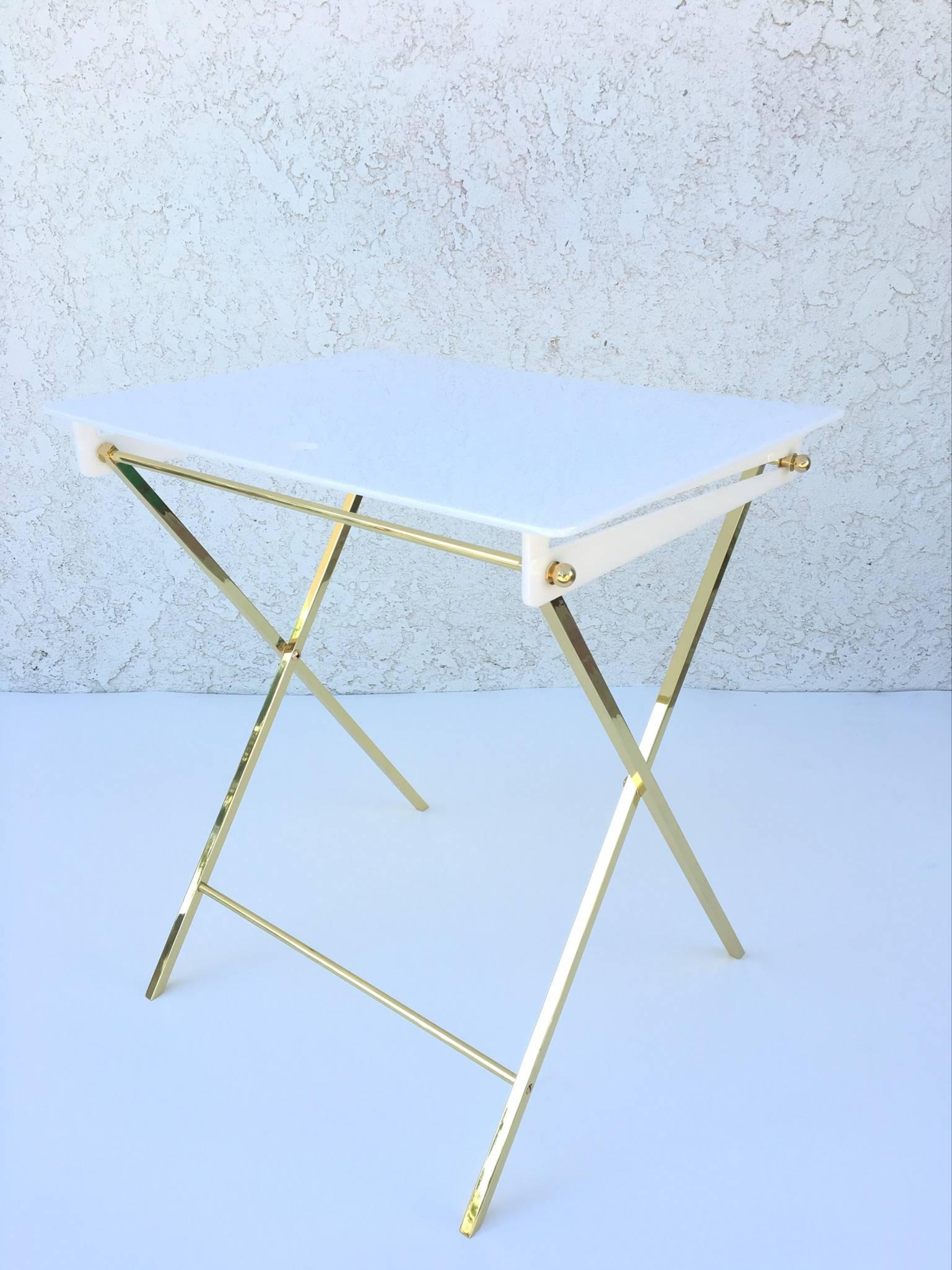 Modern Set of Four Acrylic and Brass Folding Tray Tables by Charles Hollis Jones