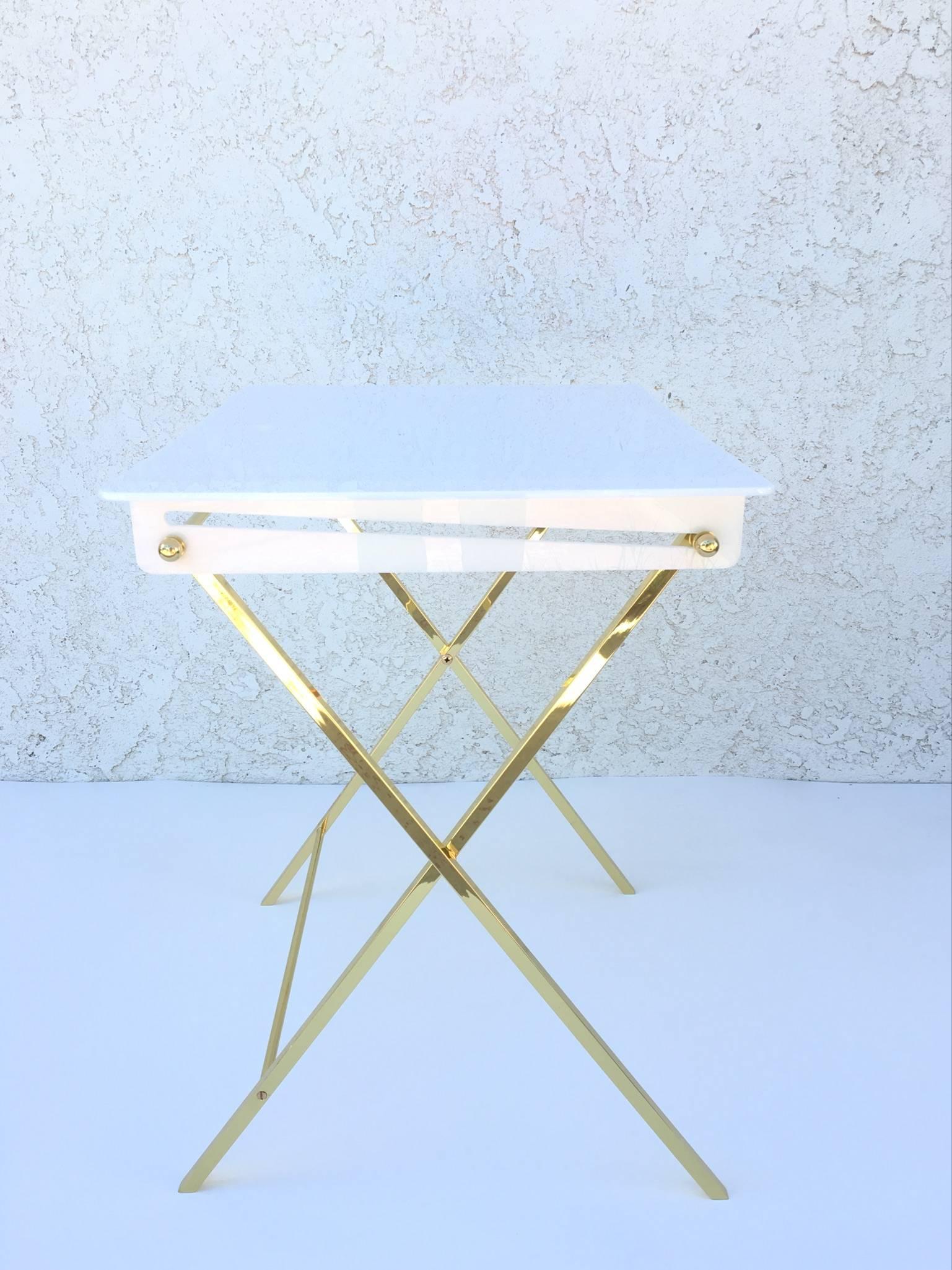 American Set of Four Acrylic and Brass Folding Tray Tables by Charles Hollis Jones