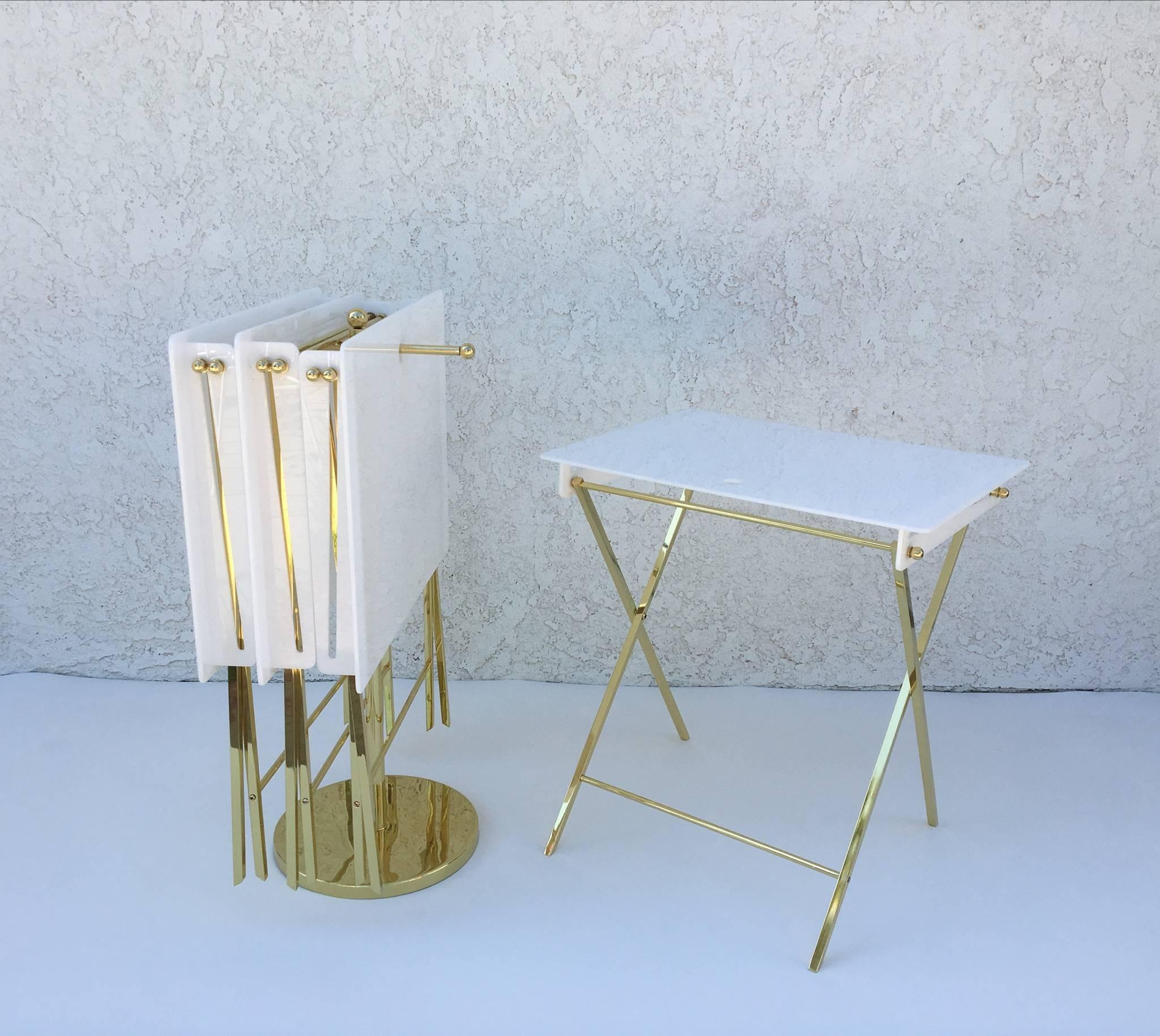 Polished Set of Four Acrylic and Brass Folding Tray Tables by Charles Hollis Jones