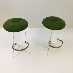 Pair of Acrylic and Suede Leather Swivel Barstools